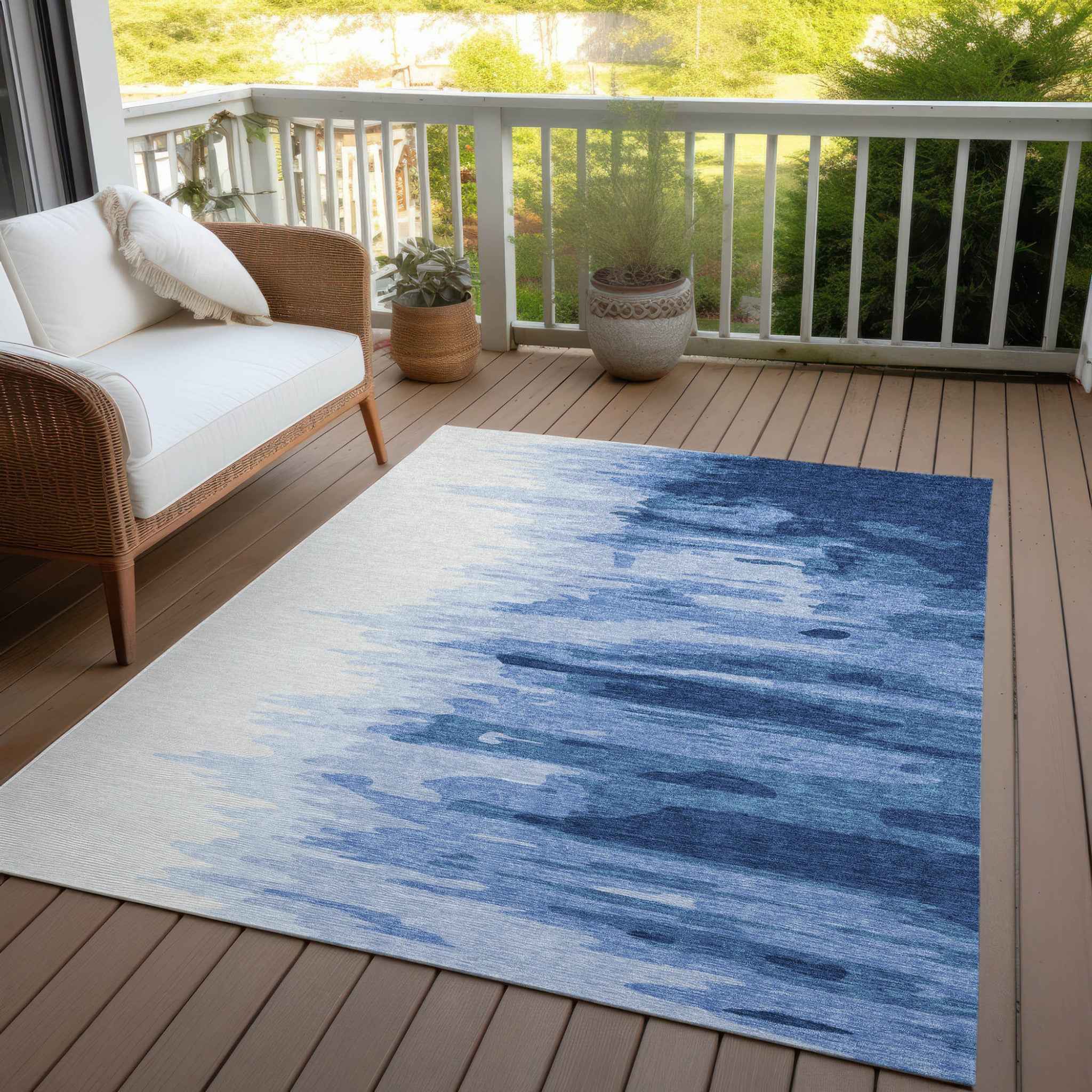 9' X 12' Navy Blue And Ivory Abstract Washable Indoor Outdoor Area Rug