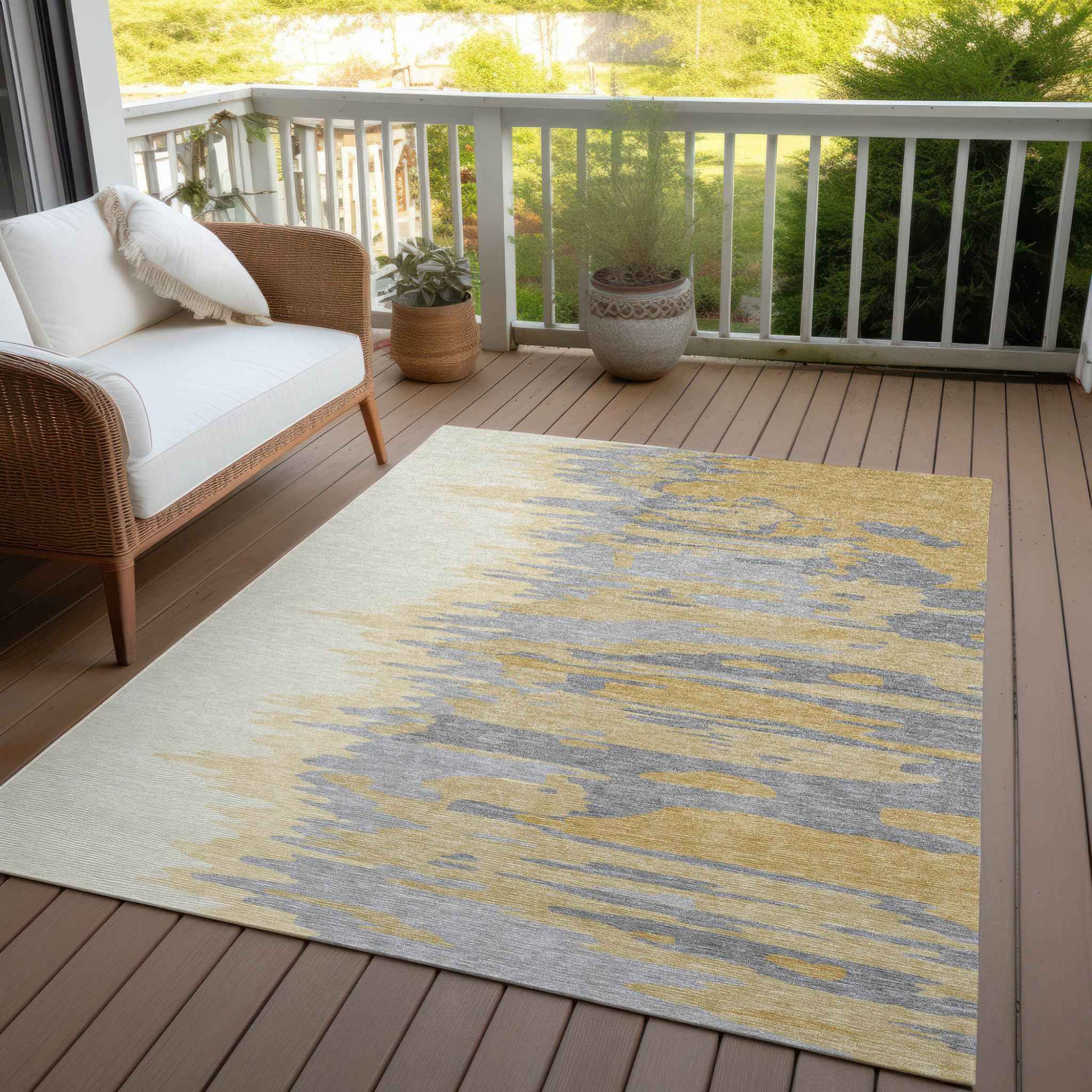 9' X 12' Gold Gray And Beige Abstract Washable Indoor Outdoor Area Rug