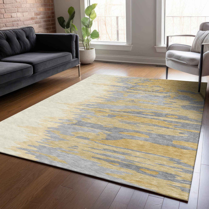 9' X 12' Gold Gray And Beige Abstract Washable Indoor Outdoor Area Rug