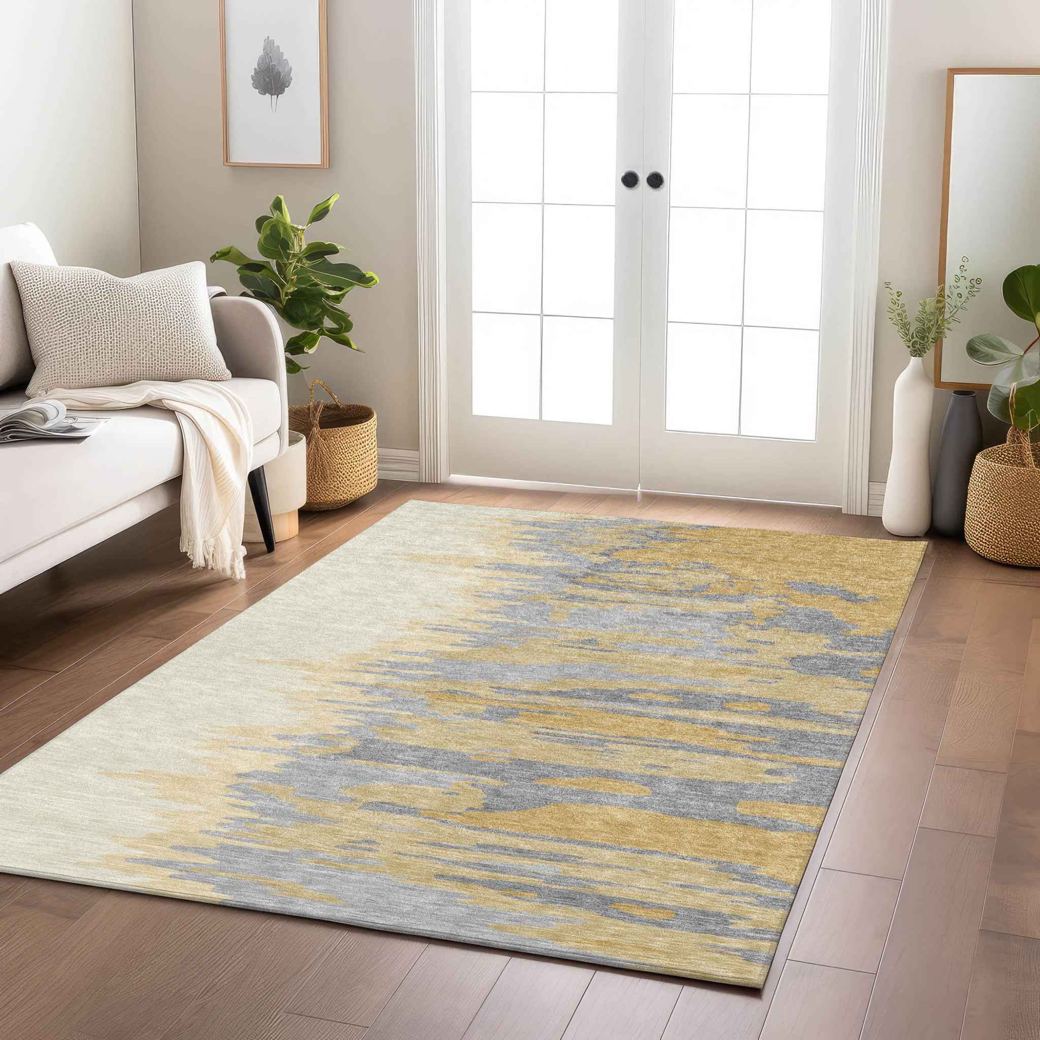 8' X 10' Gold Gray And Beige Abstract Washable Indoor Outdoor Area Rug