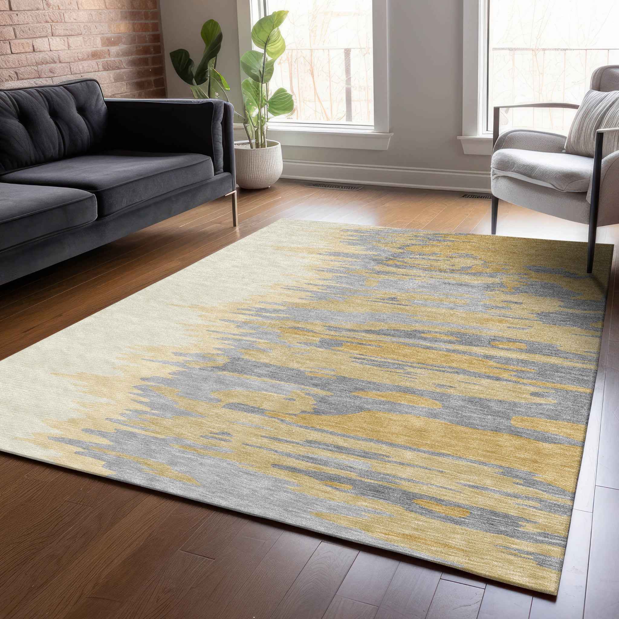 8' X 10' Gold Gray And Beige Abstract Washable Indoor Outdoor Area Rug