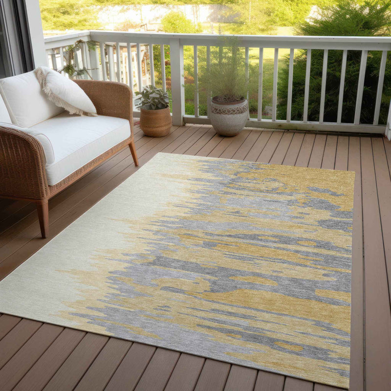 8' X 10' Gold Gray And Beige Abstract Washable Indoor Outdoor Area Rug