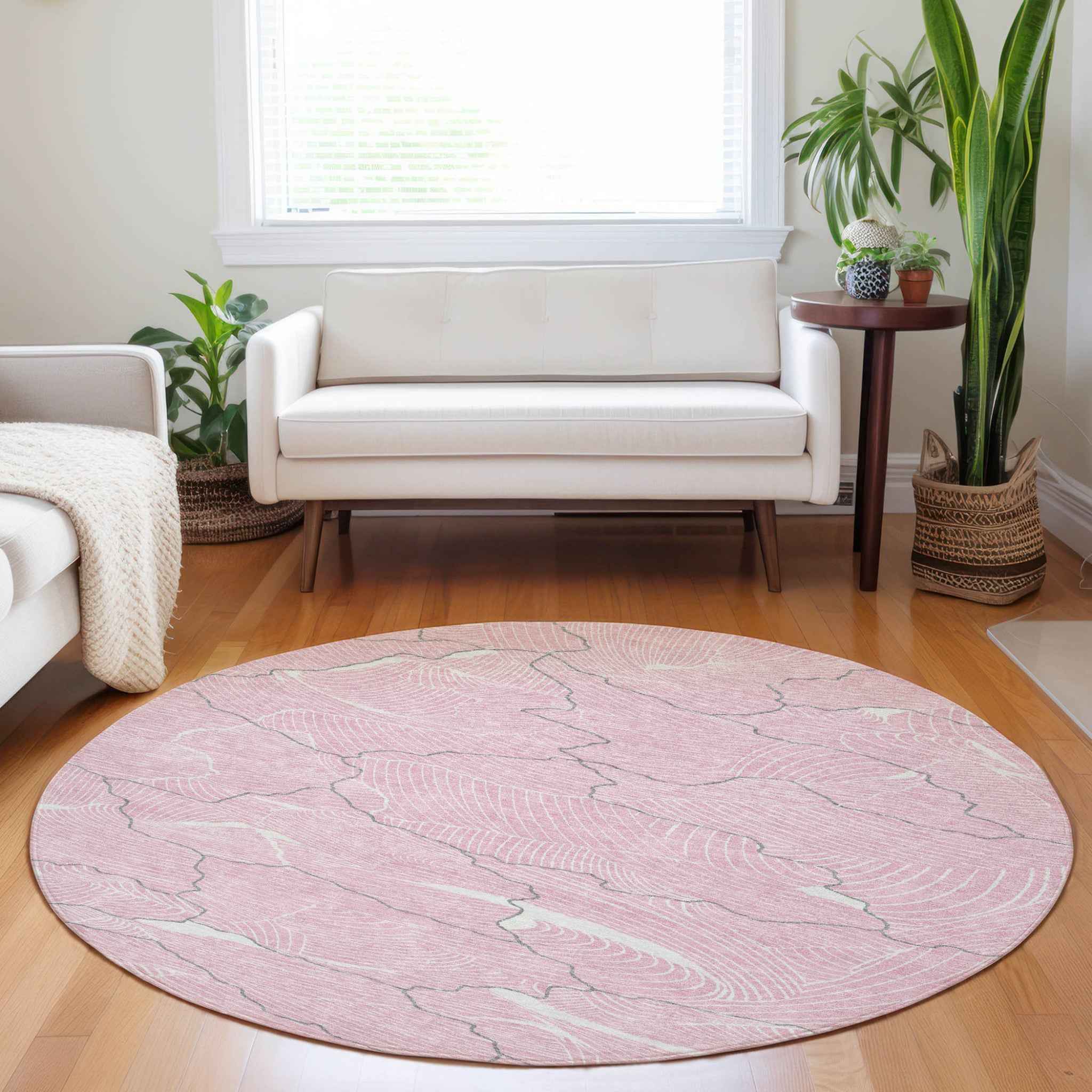 8' Pink Ivory And Gray Round Abstract Washable Indoor Outdoor Area Rug