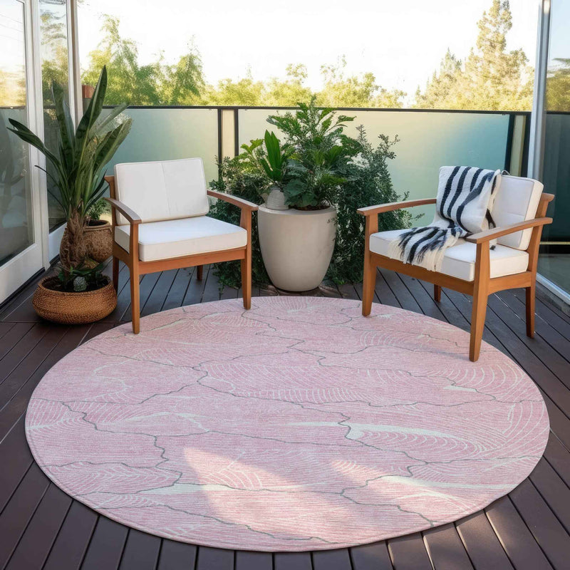 8' Pink Ivory And Gray Round Abstract Washable Indoor Outdoor Area Rug