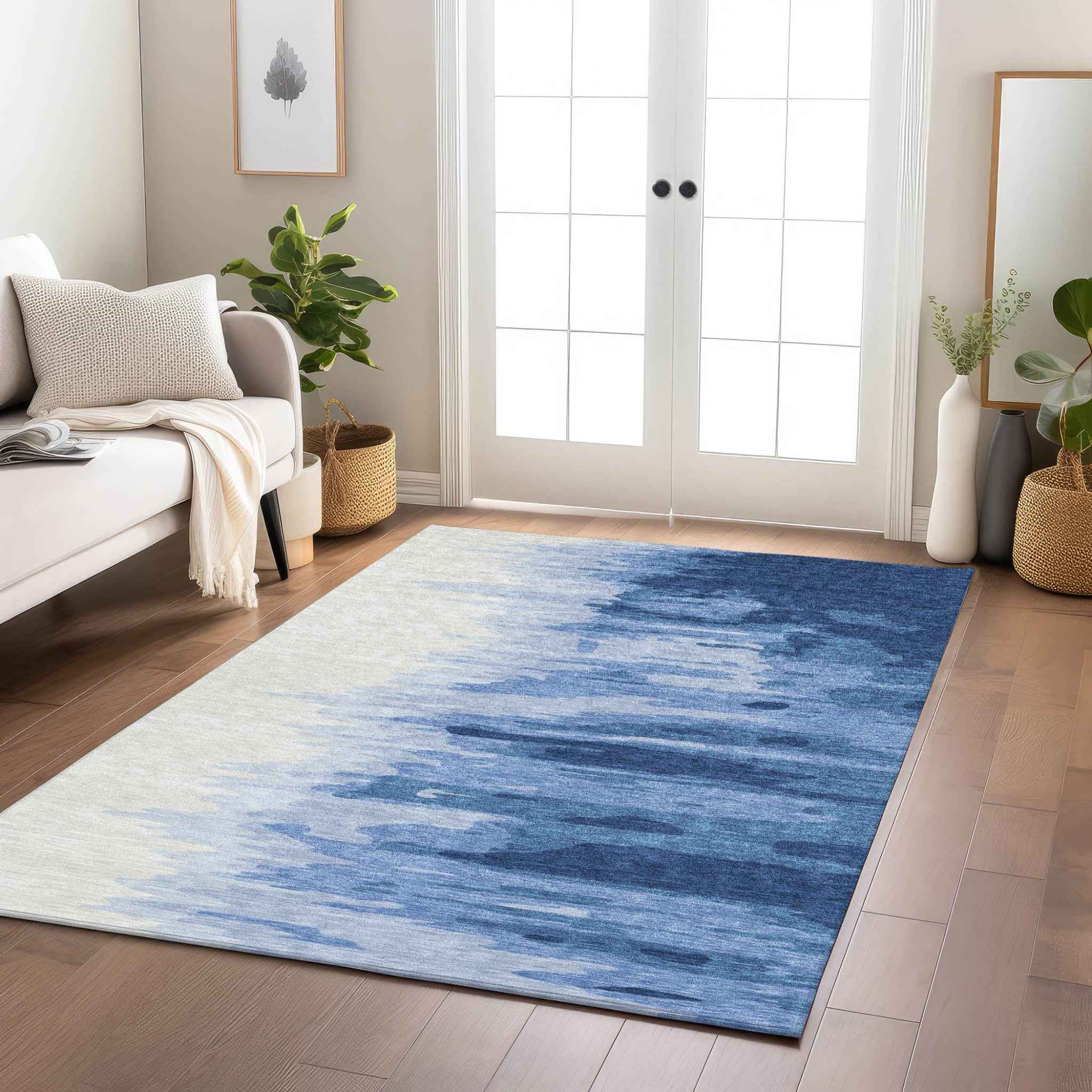 8' X 10' Navy Blue And Ivory Abstract Washable Indoor Outdoor Area Rug