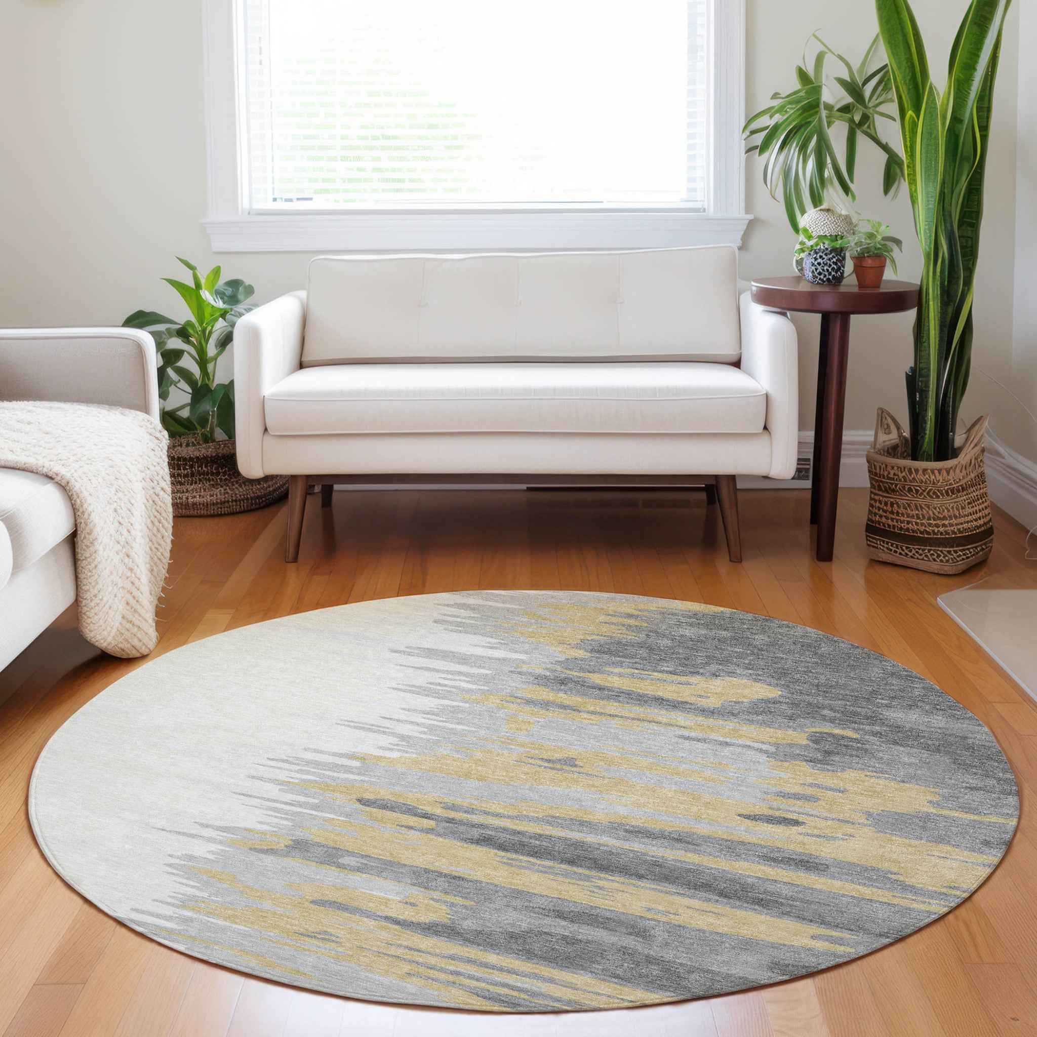 8' Gray Charcoal And Tan Round Abstract Washable Indoor Outdoor Area Rug