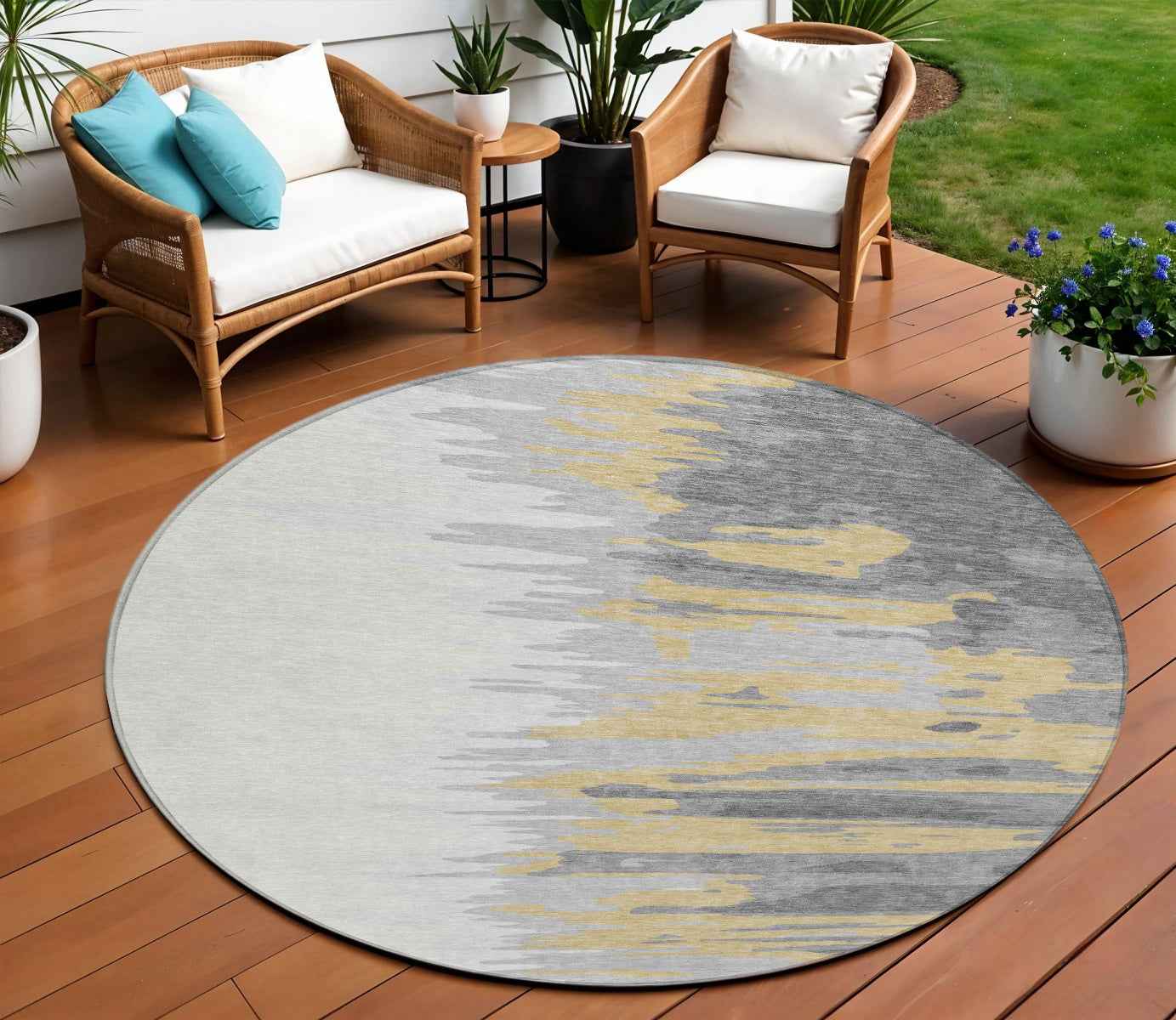 8' Gray Charcoal And Tan Round Abstract Washable Indoor Outdoor Area Rug