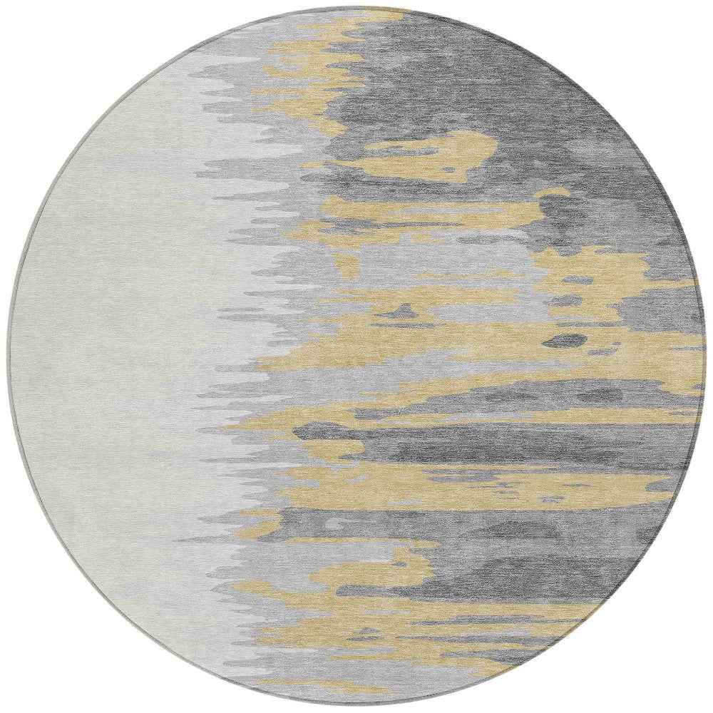 8' Gray Charcoal And Tan Round Abstract Washable Indoor Outdoor Area Rug