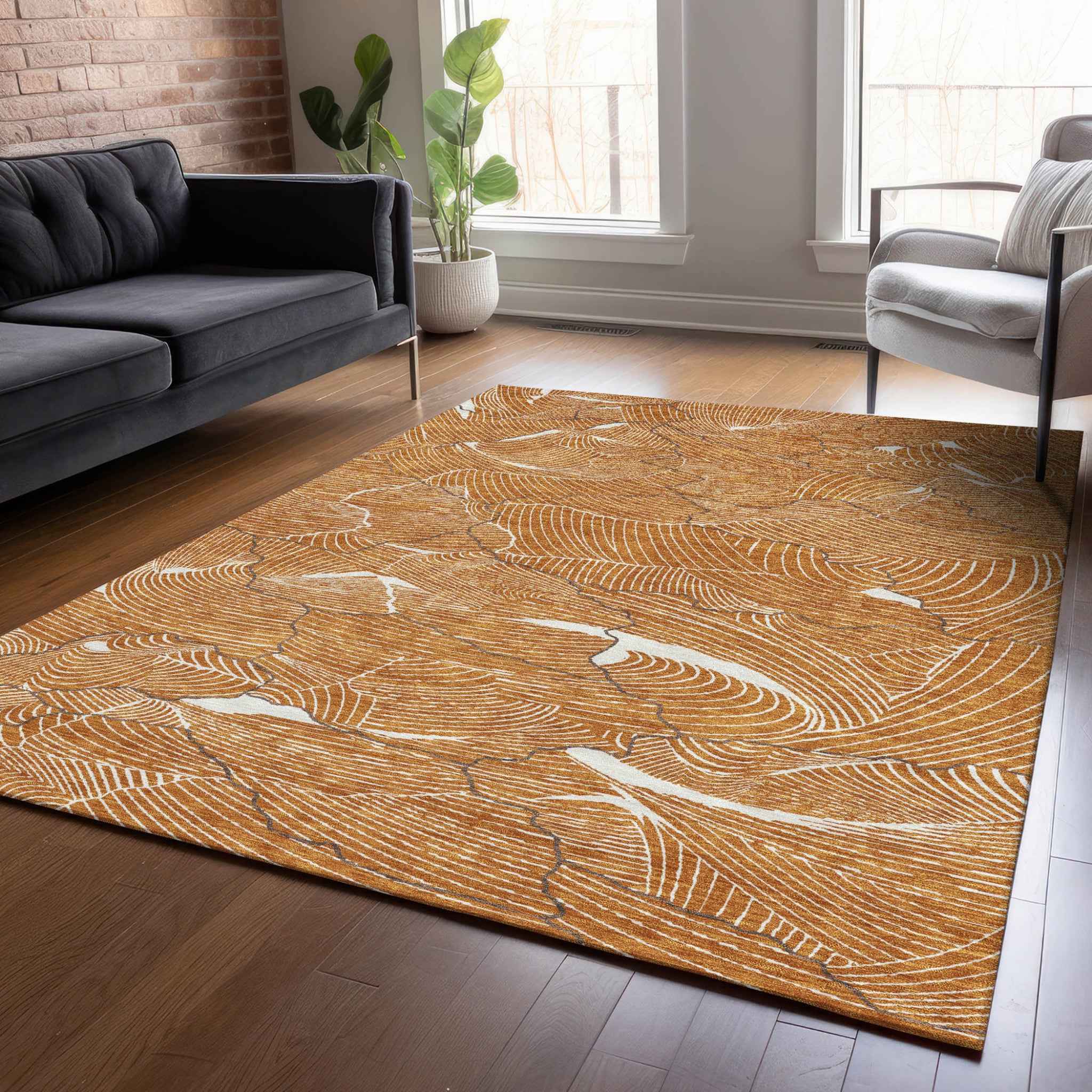 3' X 5' Copper Brown And Ivory Abstract Washable Indoor Outdoor Area Rug