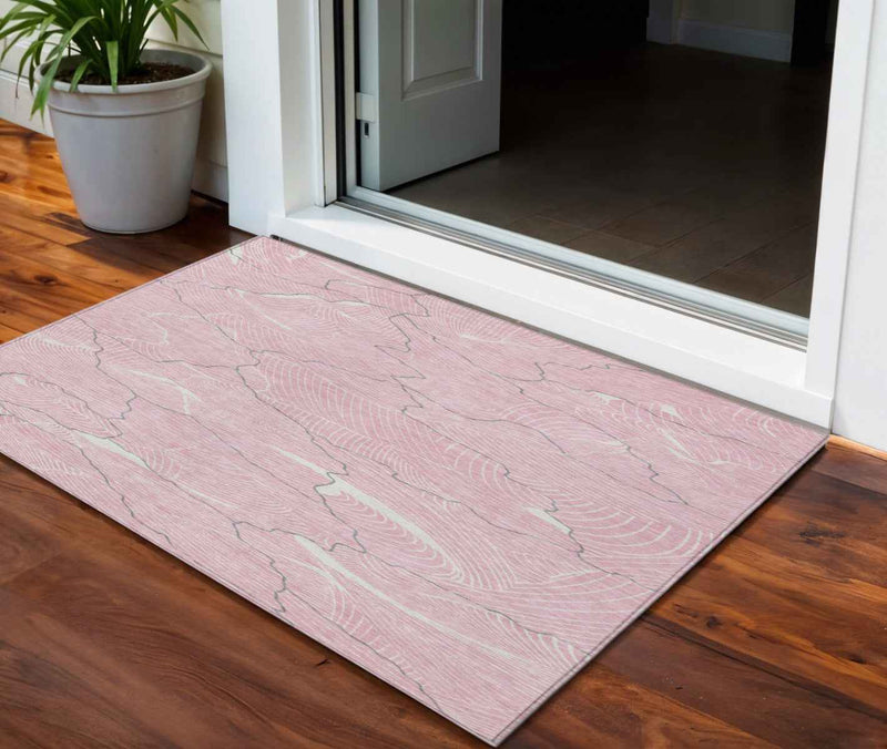 3' X 5' Pink Ivory And Gray Abstract Washable Indoor Outdoor Area Rug
