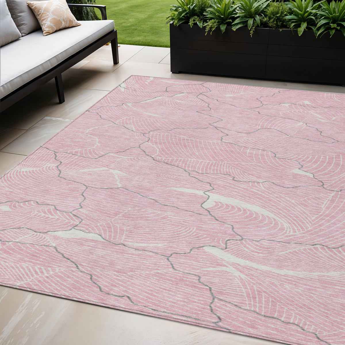 5' X 8' Pink Ivory And Gray Abstract Washable Indoor Outdoor Area Rug