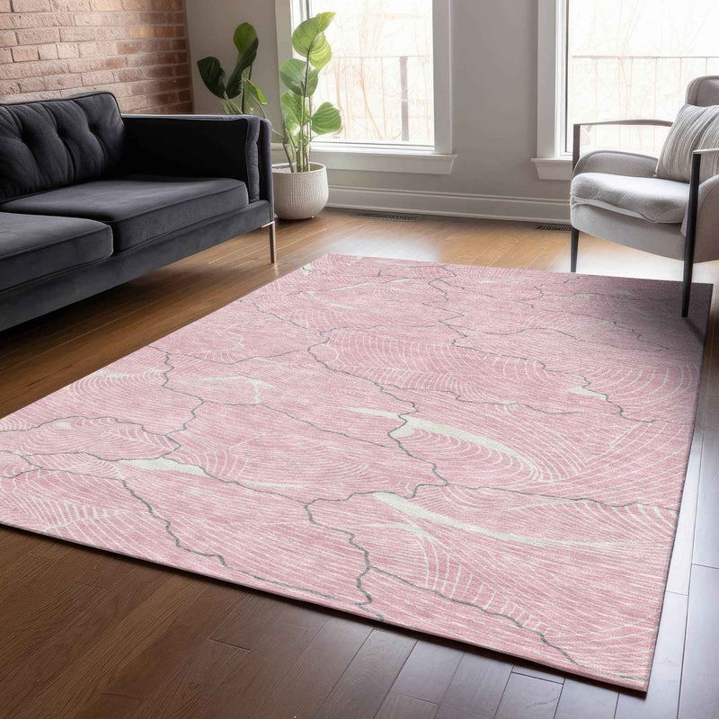 5' X 8' Pink Ivory And Gray Abstract Washable Indoor Outdoor Area Rug