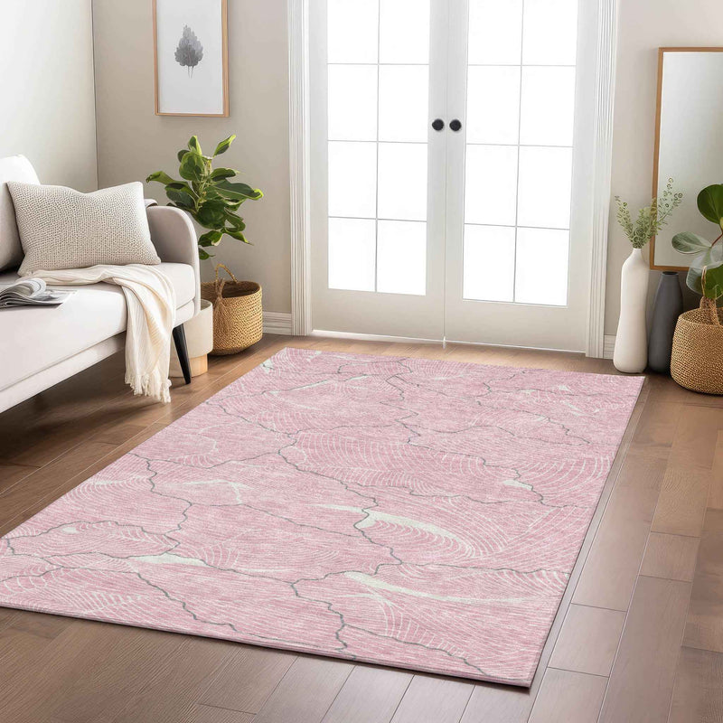 5' X 8' Pink Ivory And Gray Abstract Washable Indoor Outdoor Area Rug