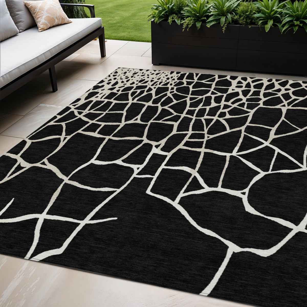 5' X 8' Black And Beige Abstract Washable Indoor Outdoor Area Rug