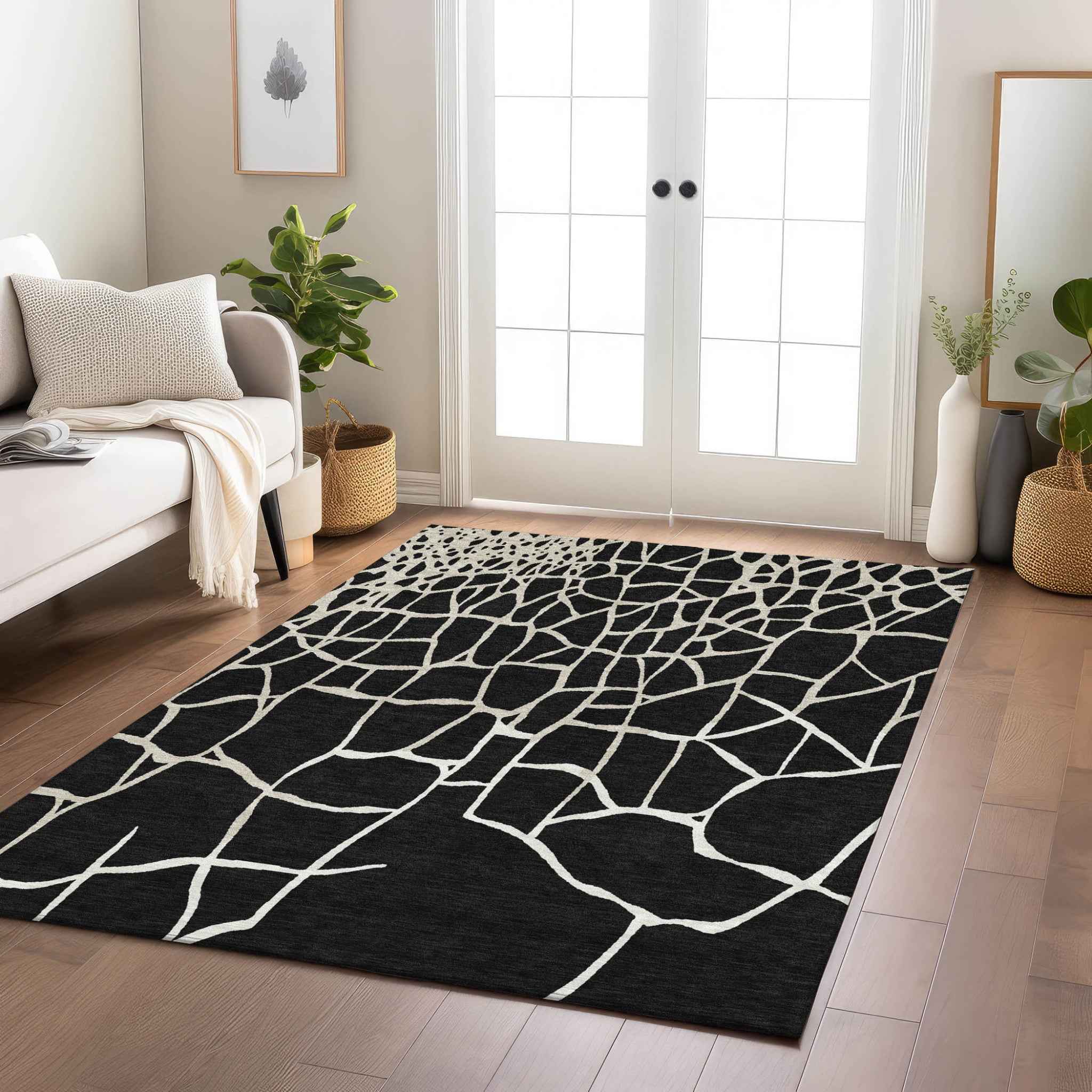 5' X 8' Black And Beige Abstract Washable Indoor Outdoor Area Rug
