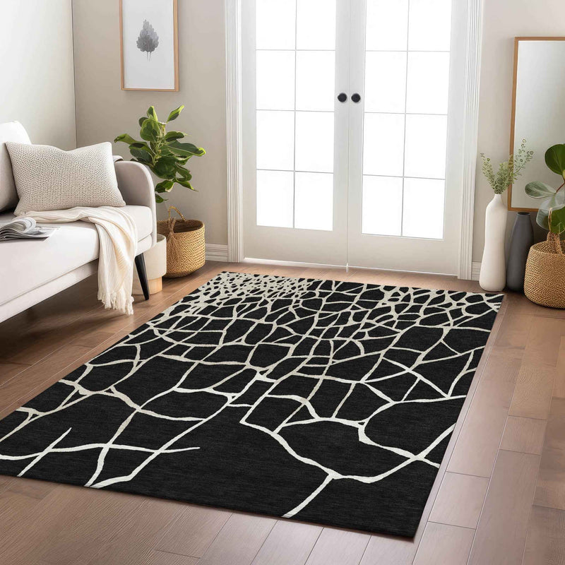 5' X 8' Black And Beige Abstract Washable Indoor Outdoor Area Rug