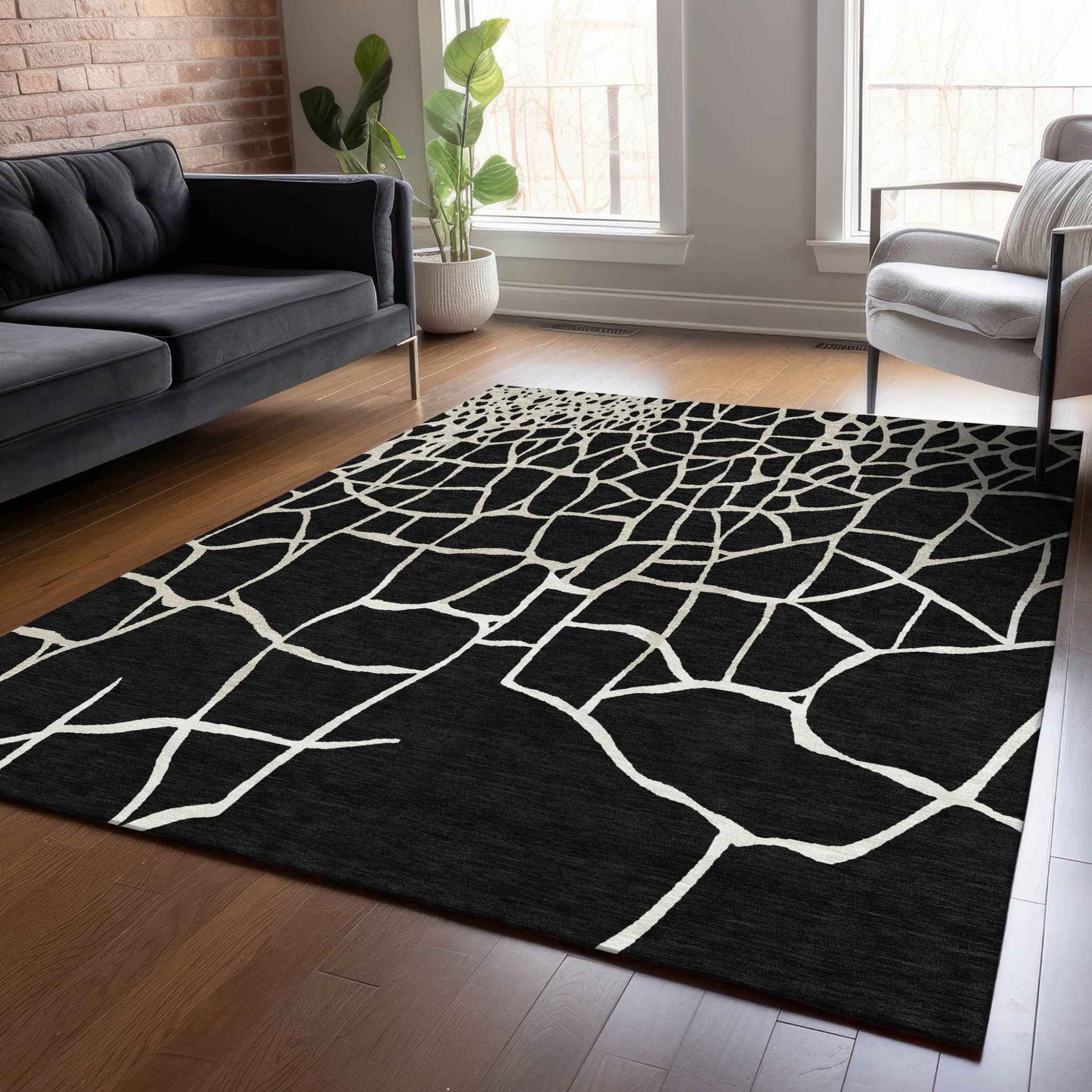 5' X 8' Black And Beige Abstract Washable Indoor Outdoor Area Rug