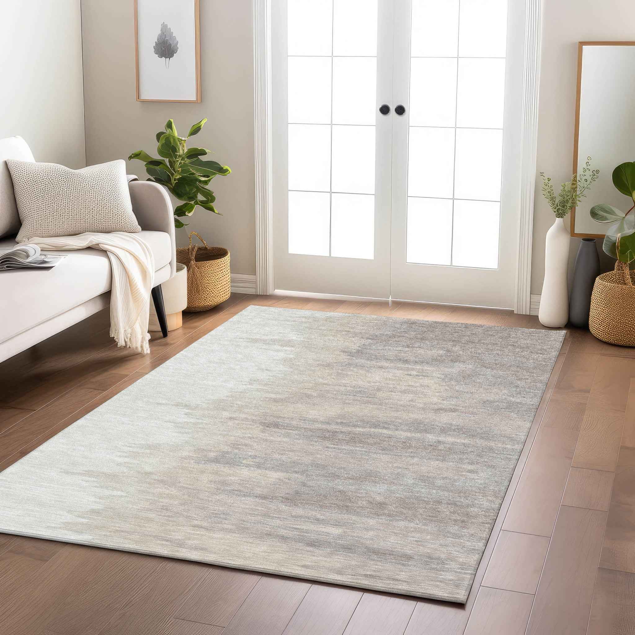 9' X 12' Ivory And Brown Abstract Washable Indoor Outdoor Area Rug