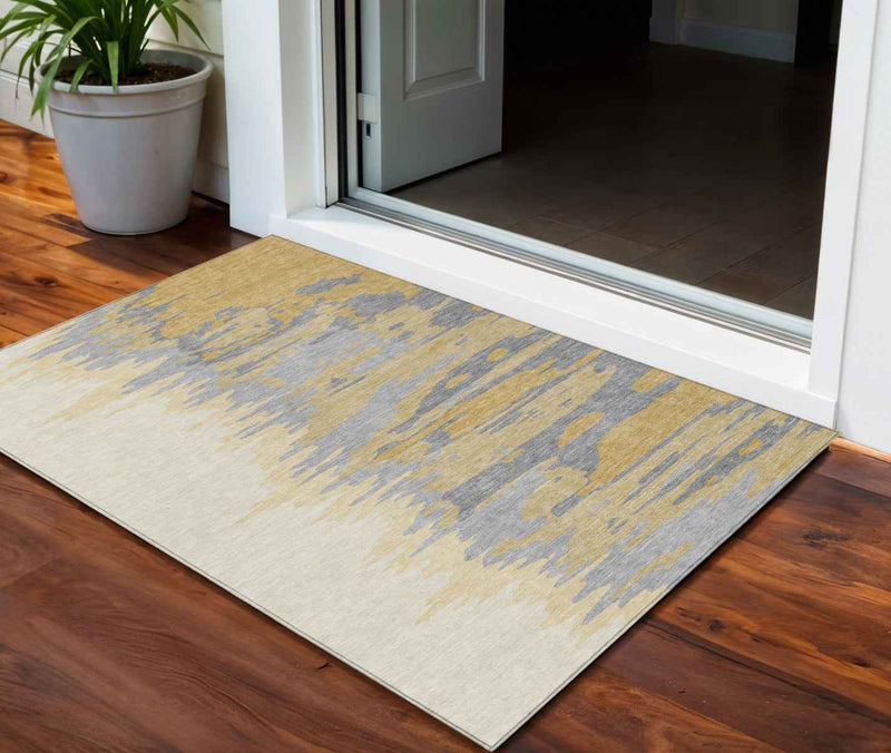 3' X 5' Gold Gray And Beige Abstract Washable Indoor Outdoor Area Rug