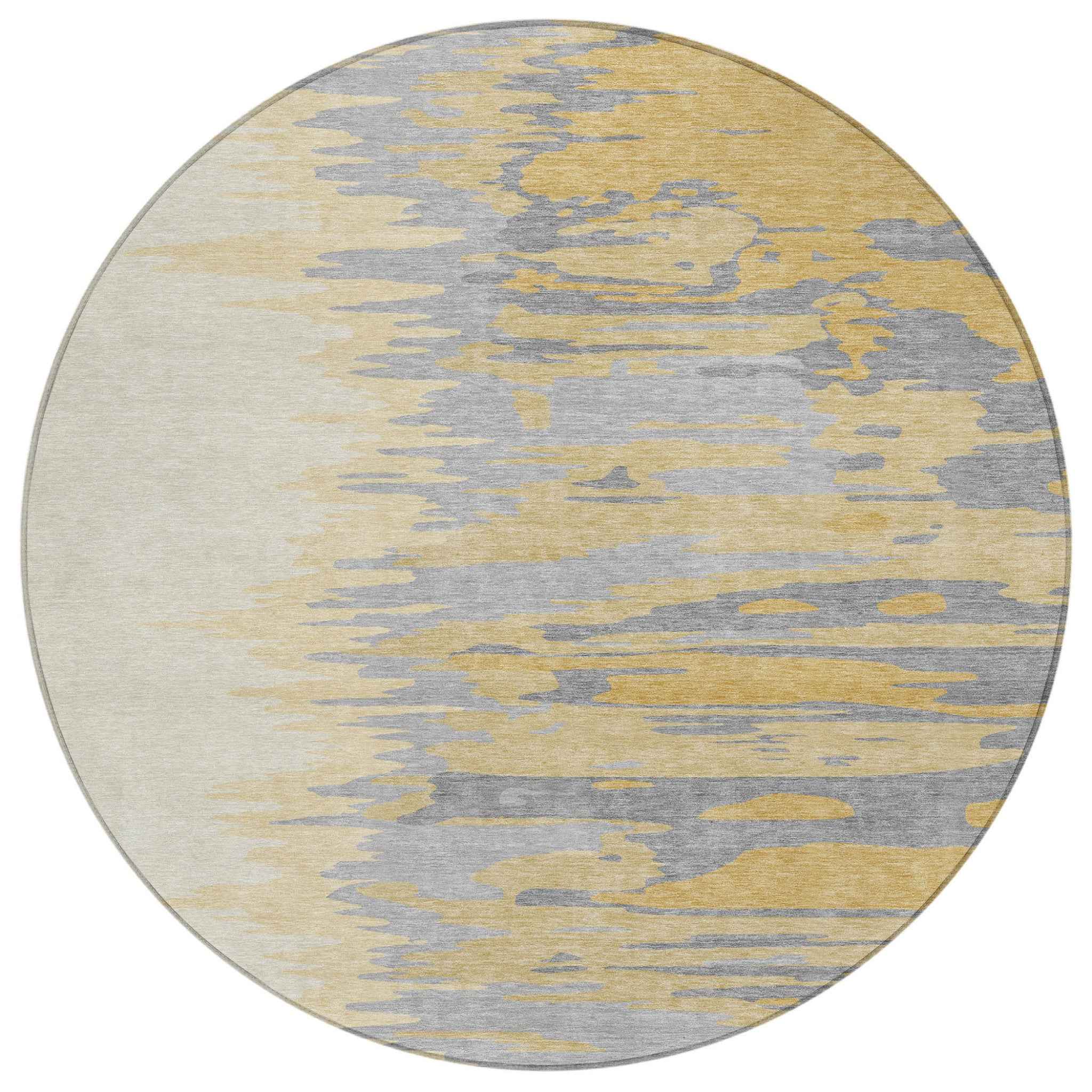 8' Gold Gray And Beige Round Abstract Washable Indoor Outdoor Area Rug