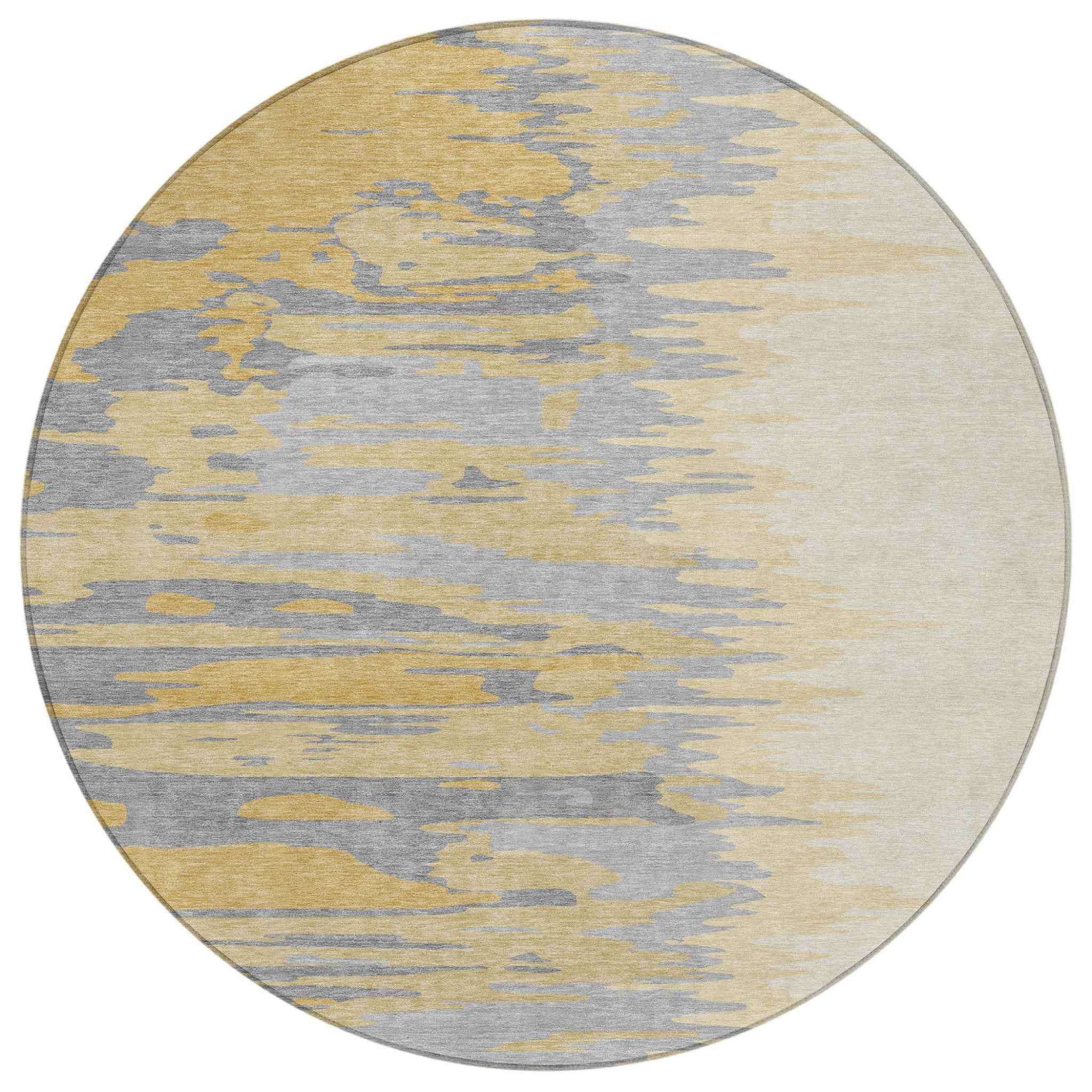 8' Gold Gray And Beige Round Abstract Washable Indoor Outdoor Area Rug