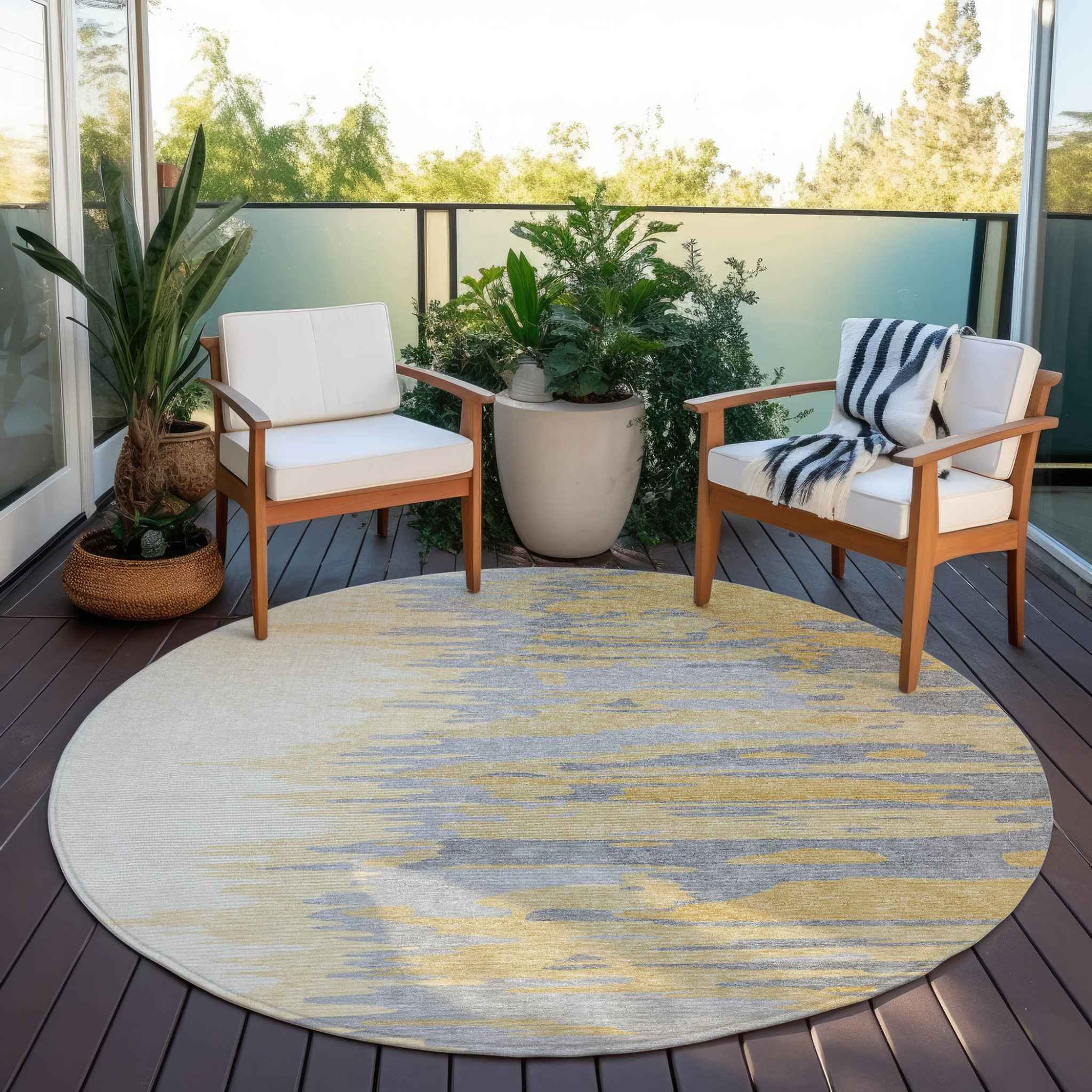 8' Gold Gray And Beige Round Abstract Washable Indoor Outdoor Area Rug