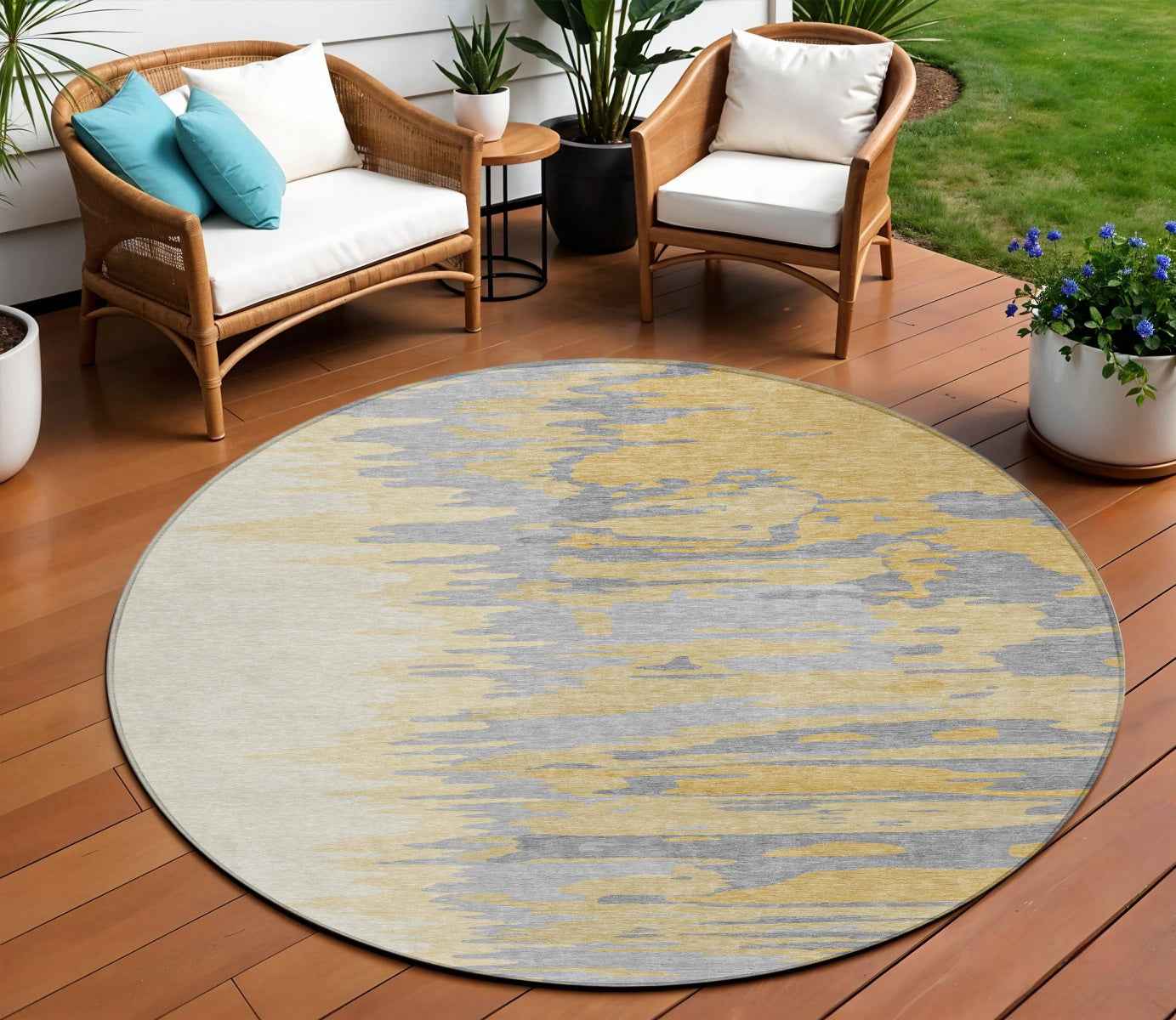 8' Gold Gray And Beige Round Abstract Washable Indoor Outdoor Area Rug