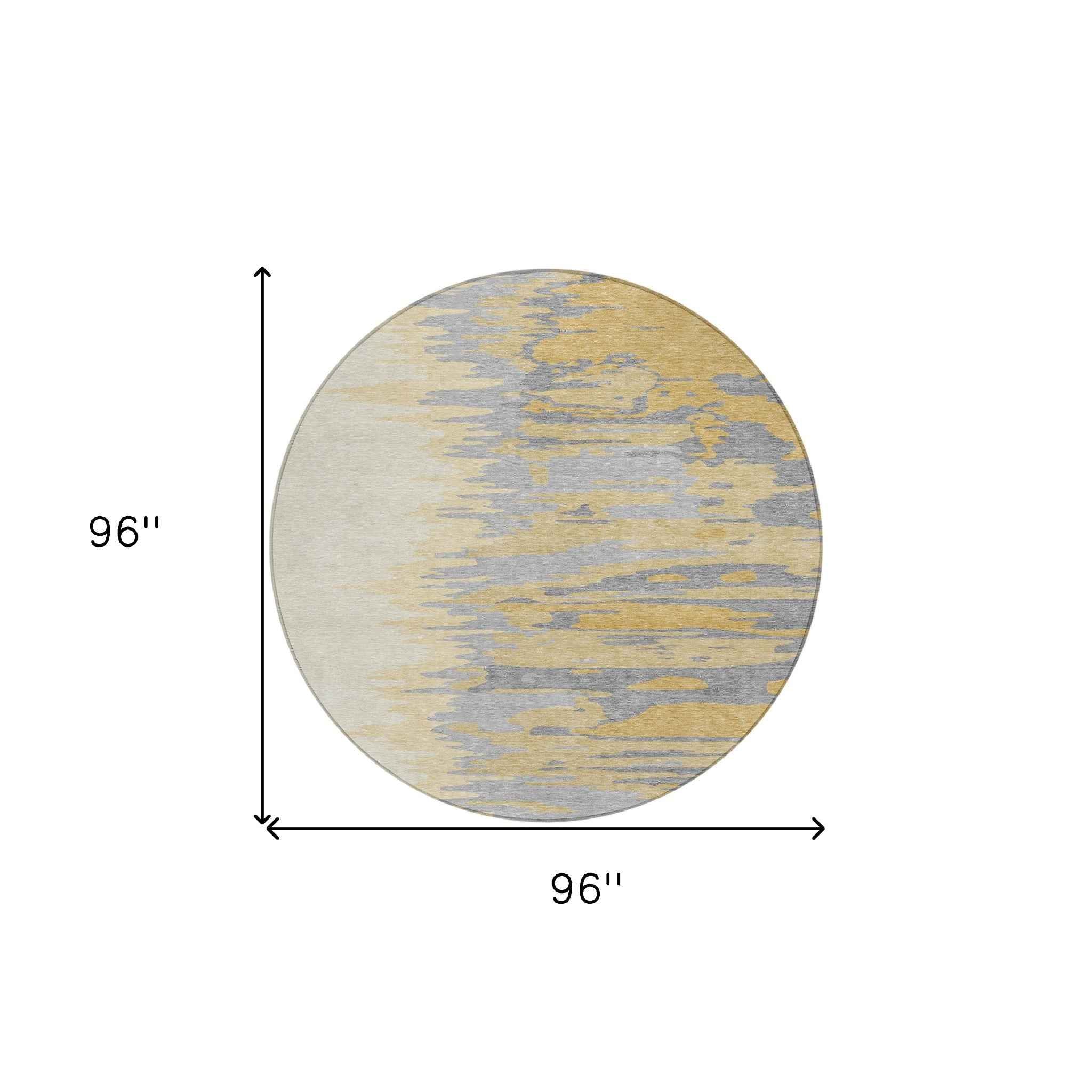 8' Gold Gray And Beige Round Abstract Washable Indoor Outdoor Area Rug