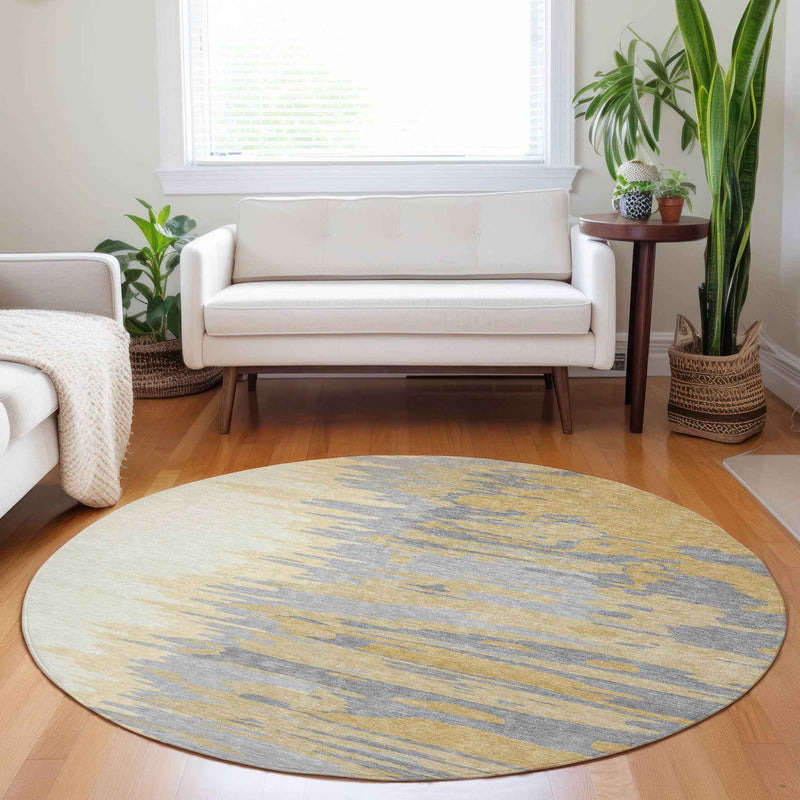 8' Gold Gray And Beige Round Abstract Washable Indoor Outdoor Area Rug