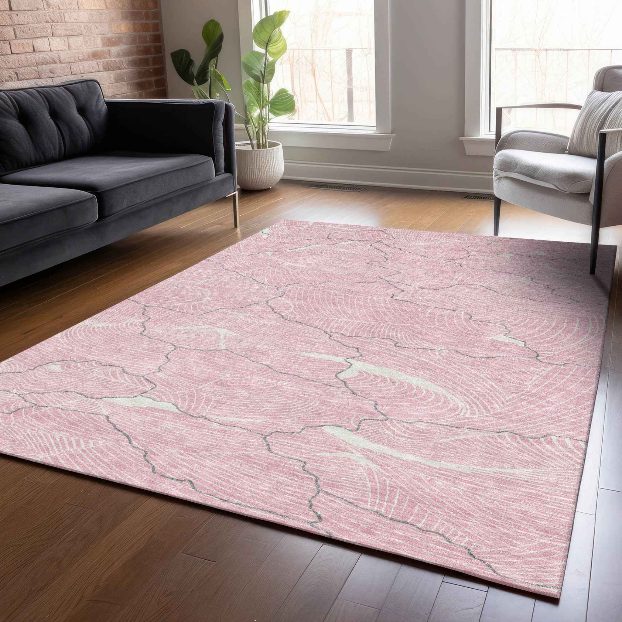 8' X 10' Pink Ivory And Gray Abstract Washable Indoor Outdoor Area Rug
