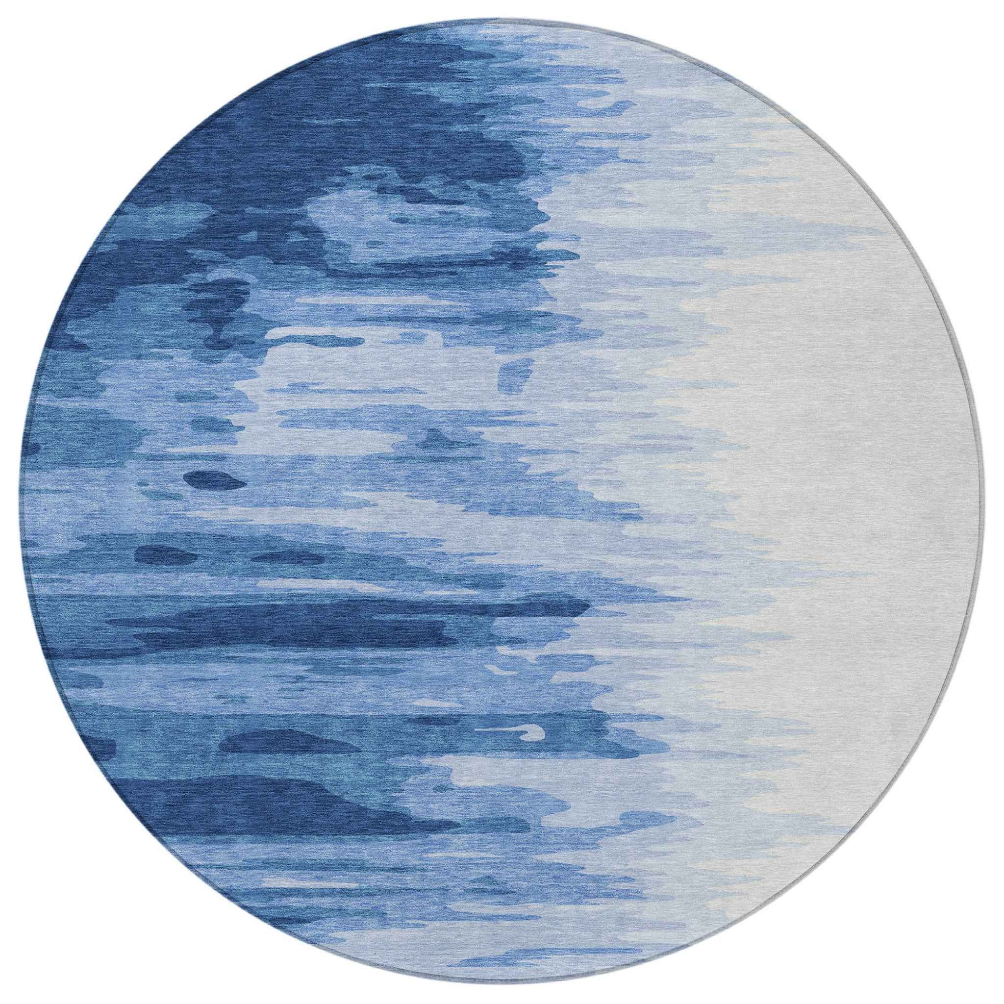 8' Navy Blue And Ivory Round Abstract Washable Indoor Outdoor Area Rug