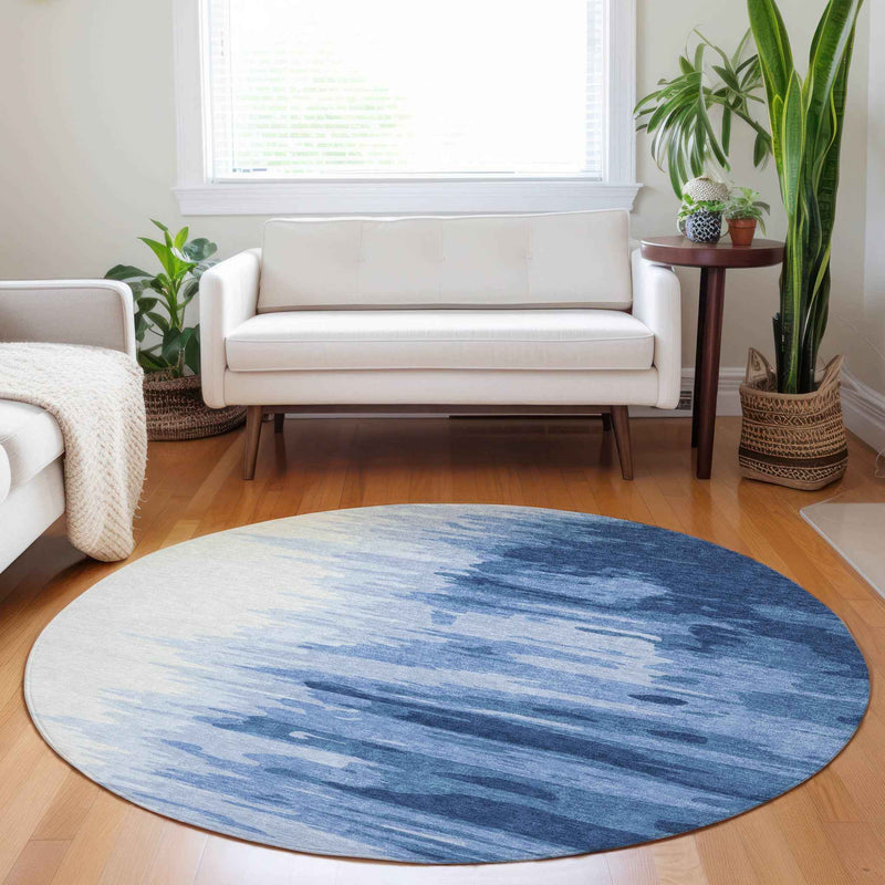 8' Navy Blue And Ivory Round Abstract Washable Indoor Outdoor Area Rug