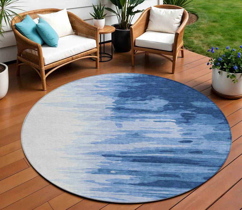 8' Navy Blue And Ivory Round Abstract Washable Indoor Outdoor Area Rug