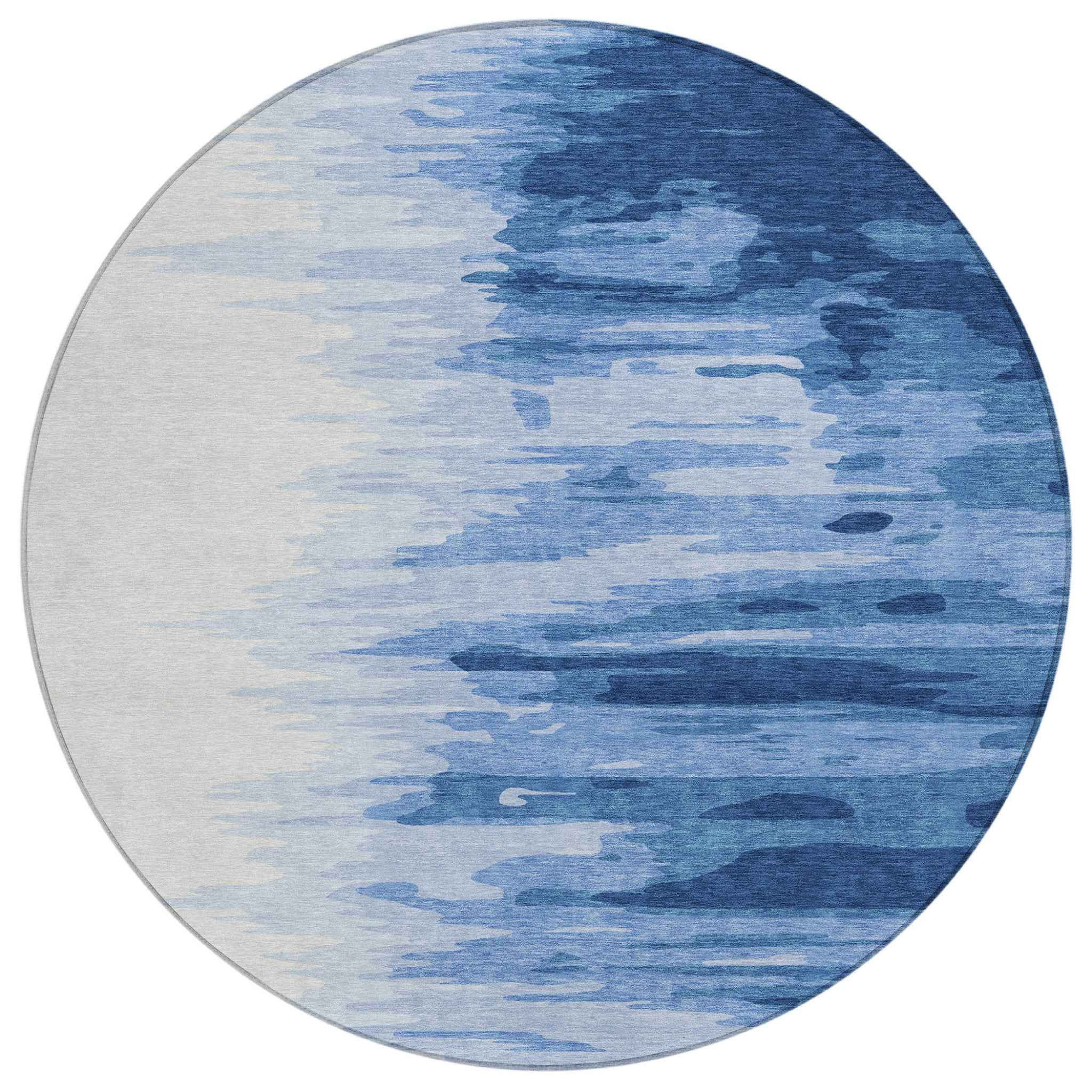 8' Navy Blue And Ivory Round Abstract Washable Indoor Outdoor Area Rug