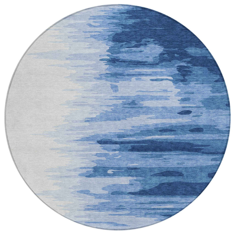 8' Navy Blue And Ivory Round Abstract Washable Indoor Outdoor Area Rug