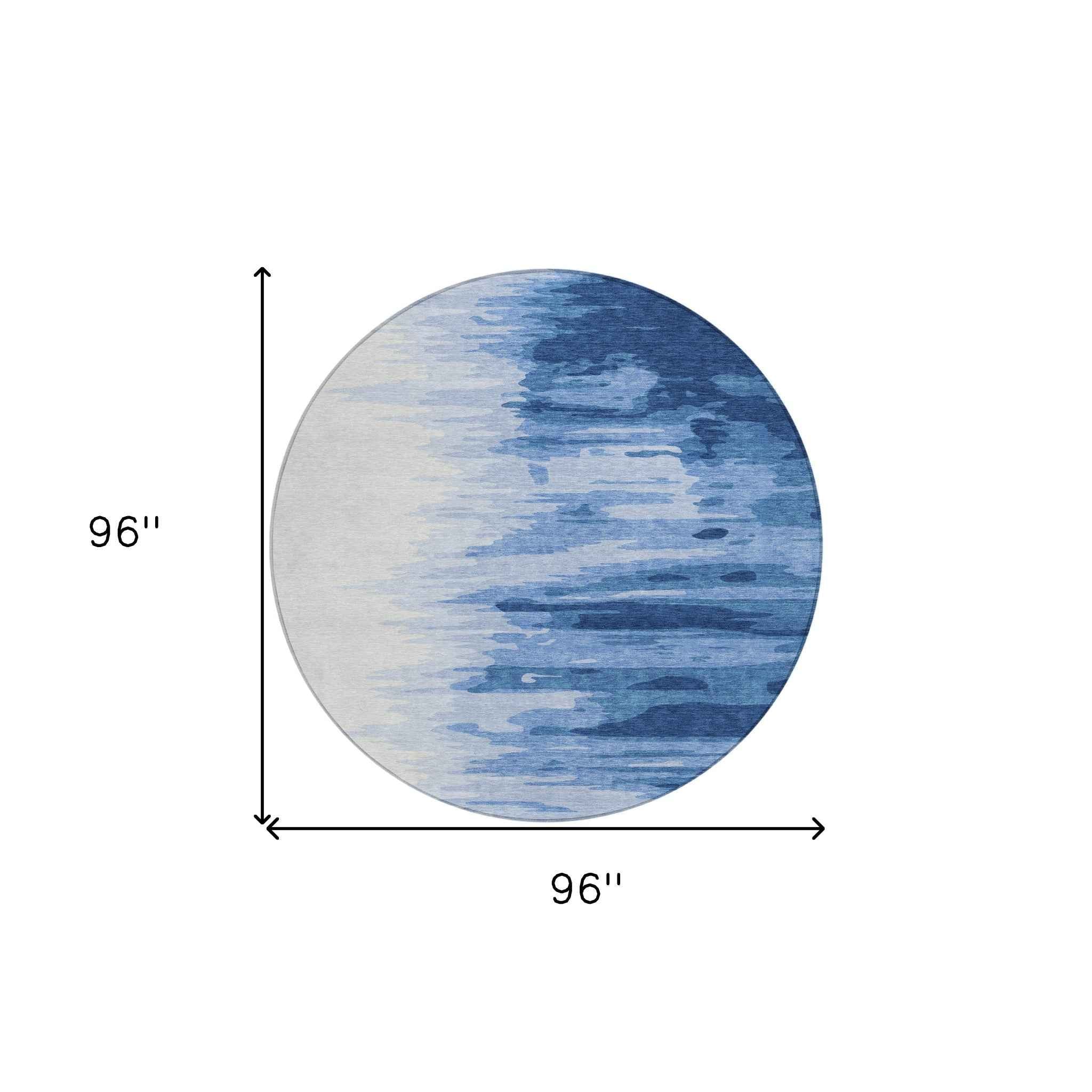 8' Navy Blue And Ivory Round Abstract Washable Indoor Outdoor Area Rug