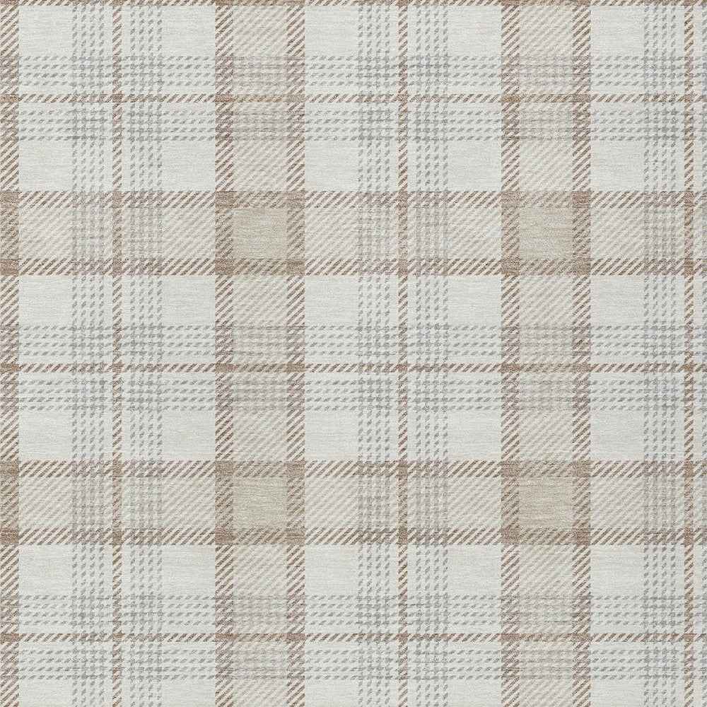 5' X 8' Linen And Brown Plaid Washable Indoor Outdoor Area Rug
