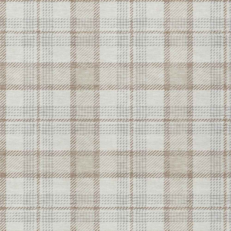 5' X 8' Linen And Brown Plaid Washable Indoor Outdoor Area Rug