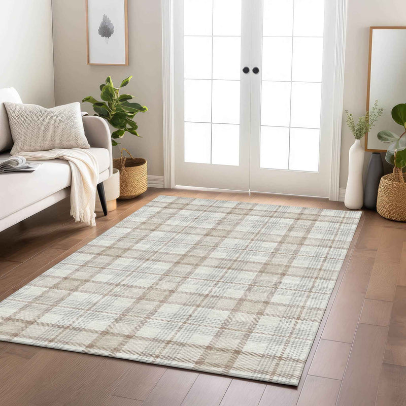 5' X 8' Linen And Brown Plaid Washable Indoor Outdoor Area Rug