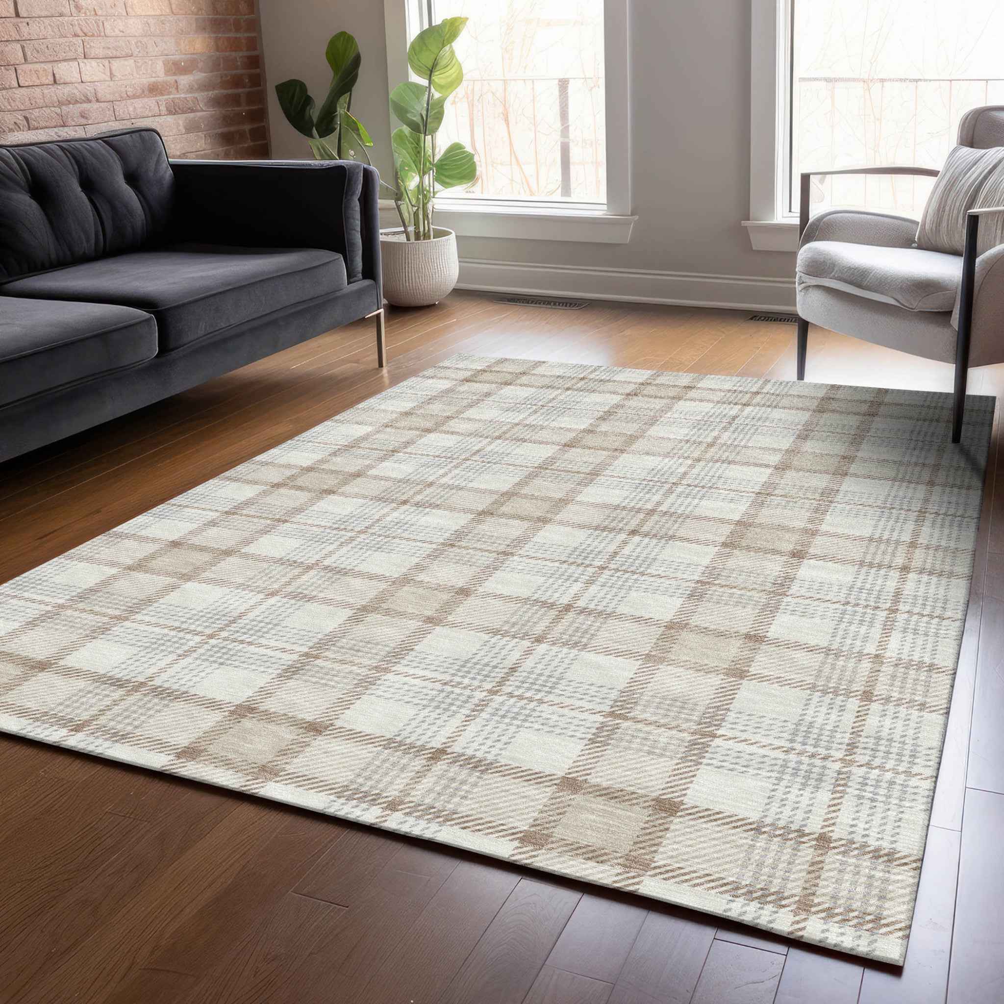 5' X 8' Linen And Brown Plaid Washable Indoor Outdoor Area Rug