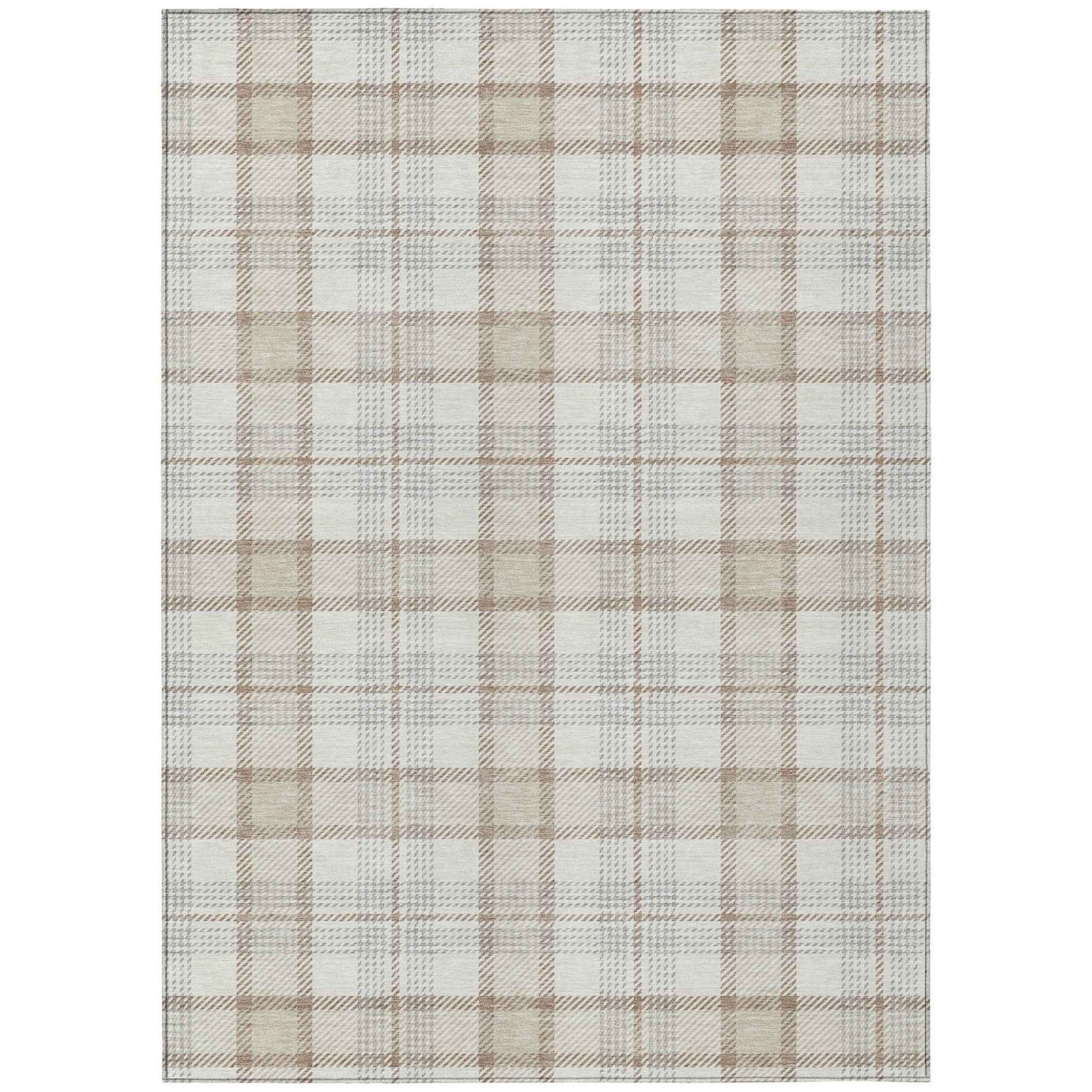 5' X 8' Linen And Brown Plaid Washable Indoor Outdoor Area Rug