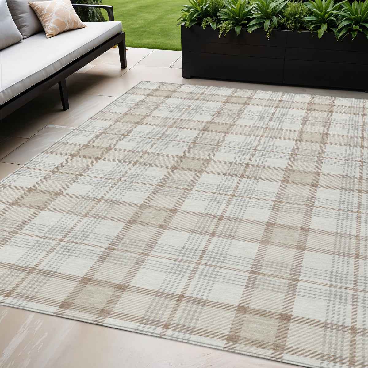 5' X 8' Linen And Brown Plaid Washable Indoor Outdoor Area Rug