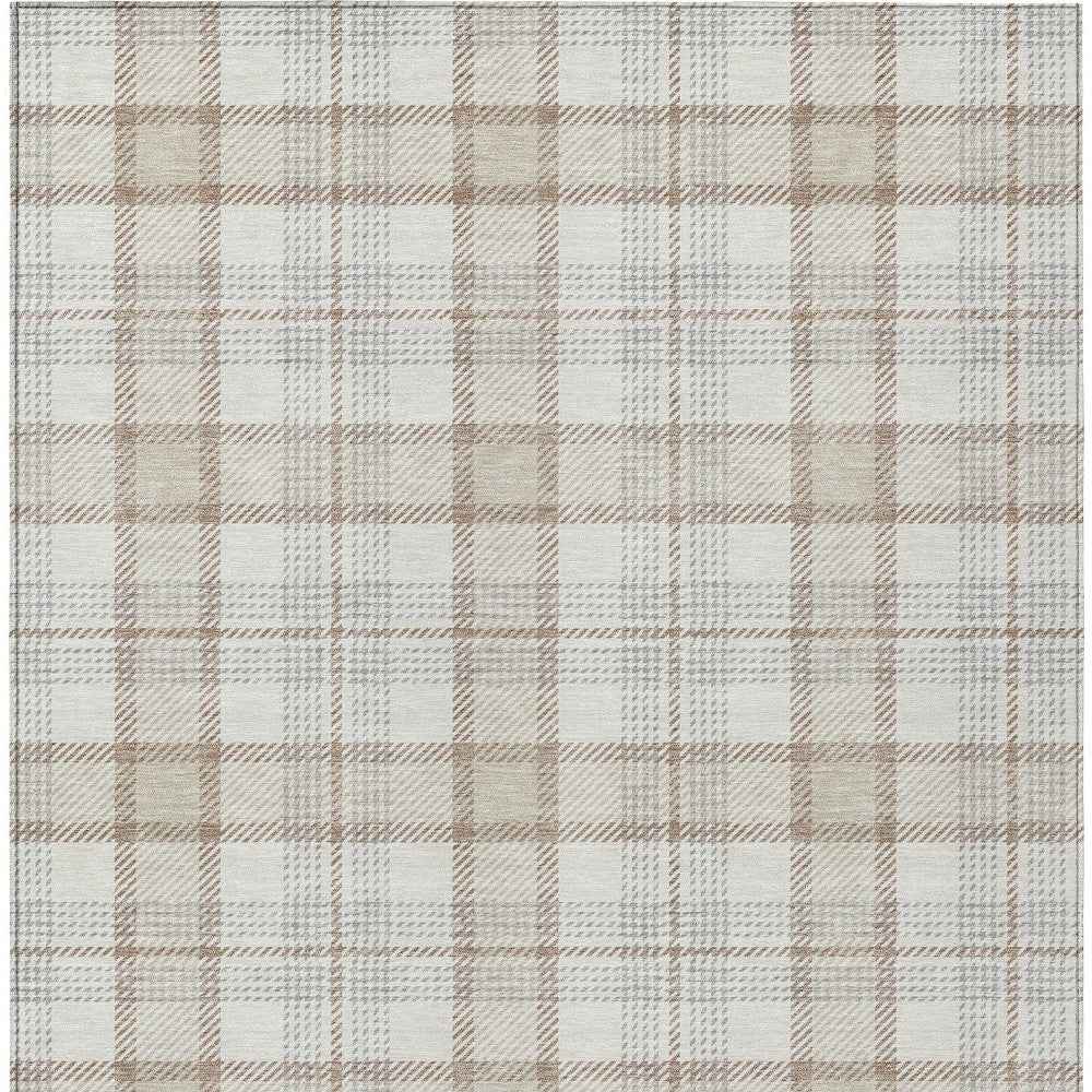 5' X 8' Linen And Brown Plaid Washable Indoor Outdoor Area Rug