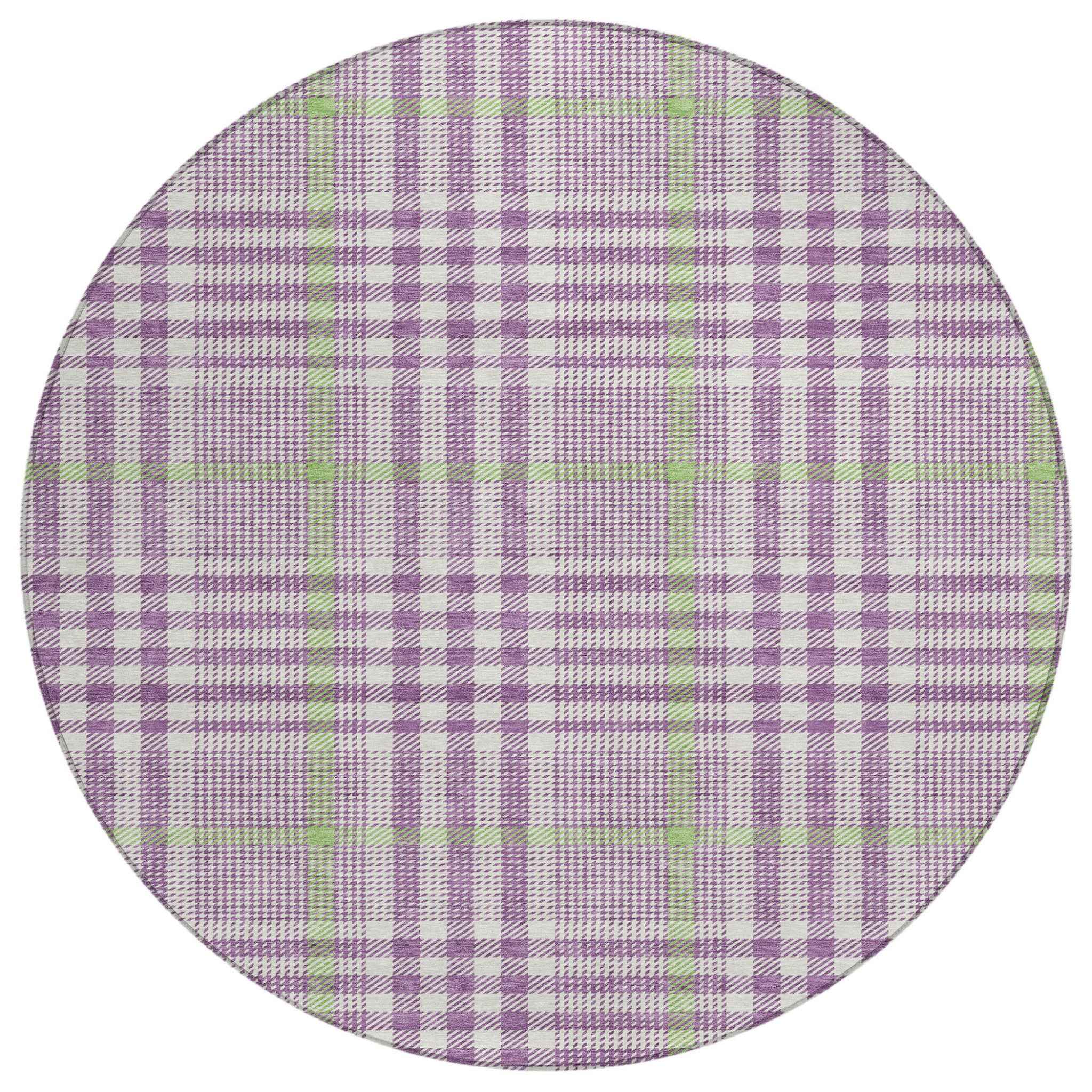 8' Purple Green And Ivory Round Plaid Washable Indoor Outdoor Area Rug