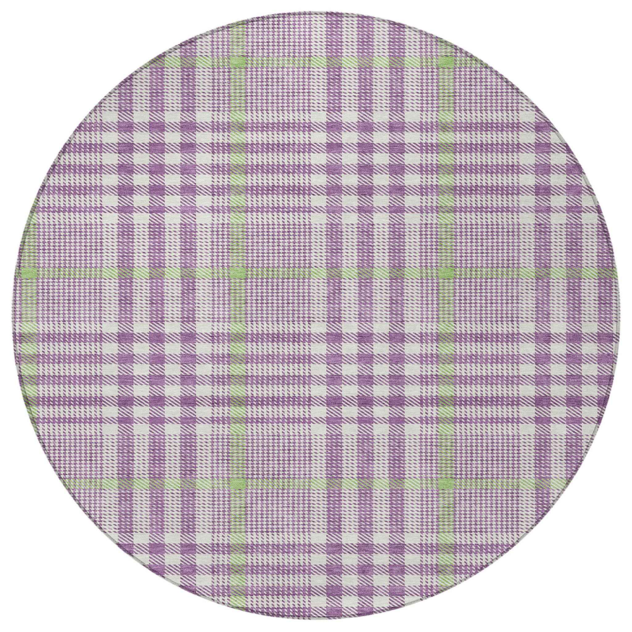 8' Purple Green And Ivory Round Plaid Washable Indoor Outdoor Area Rug