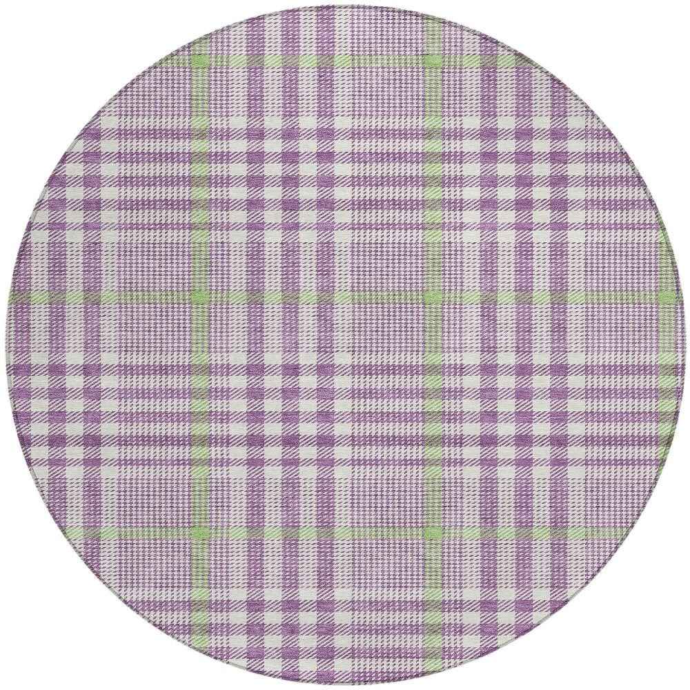 8' Purple Green And Ivory Round Plaid Washable Indoor Outdoor Area Rug