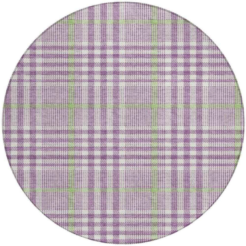 8' Purple Green And Ivory Round Plaid Washable Indoor Outdoor Area Rug
