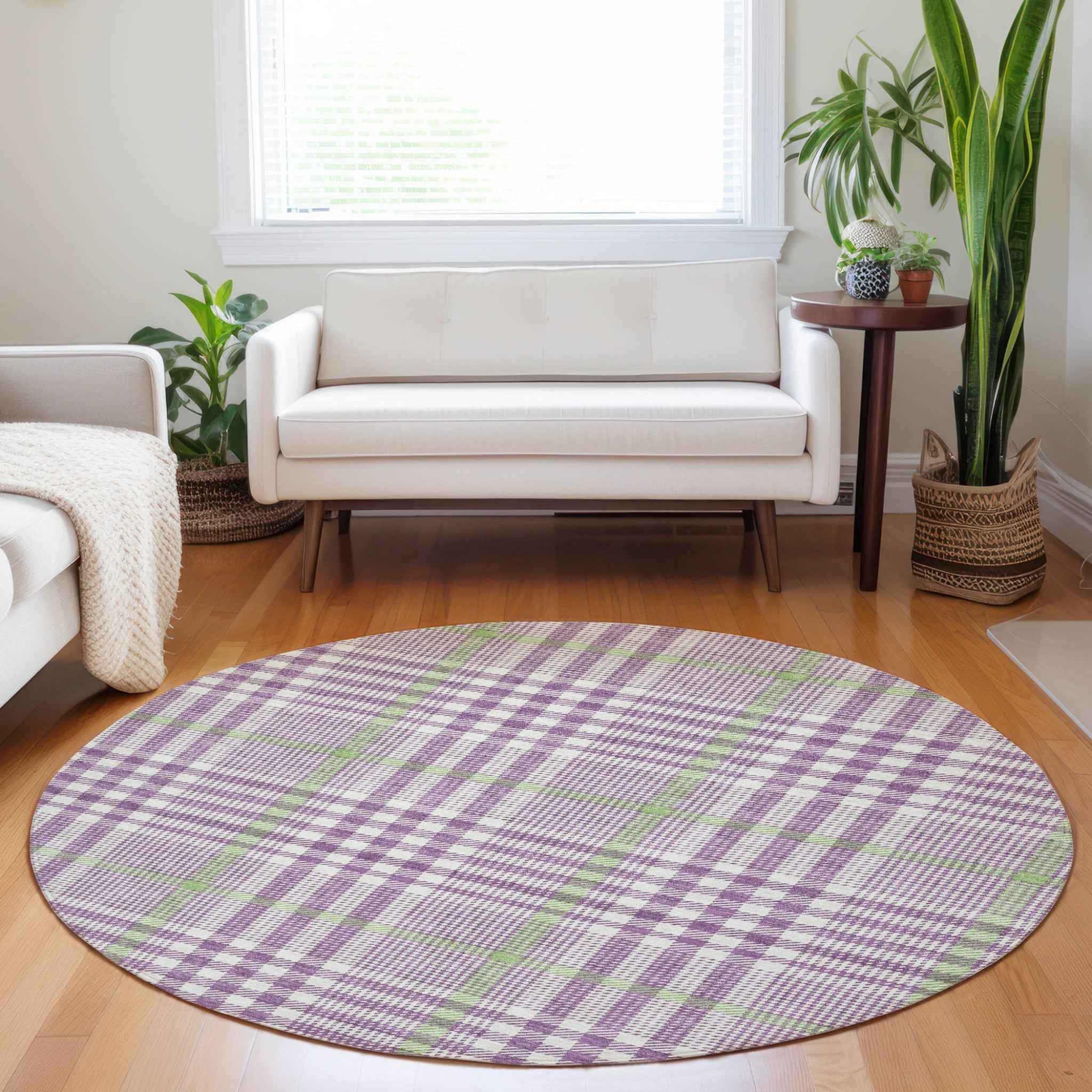 8' Purple Green And Ivory Round Plaid Washable Indoor Outdoor Area Rug