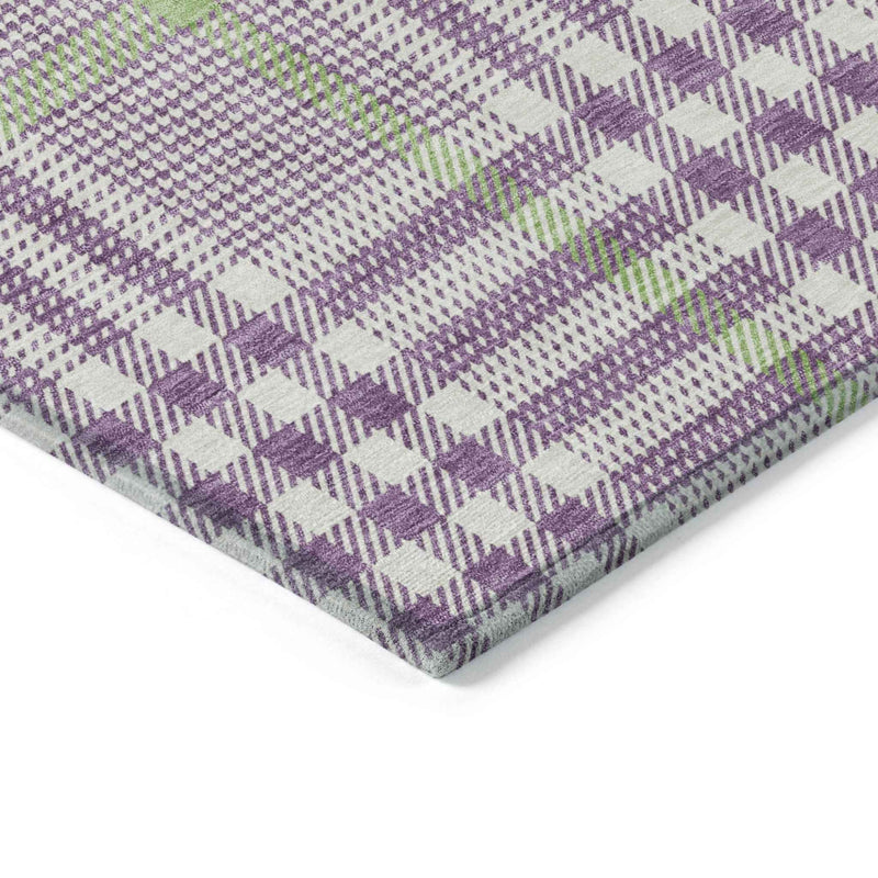 8' Purple Green And Ivory Round Plaid Washable Indoor Outdoor Area Rug
