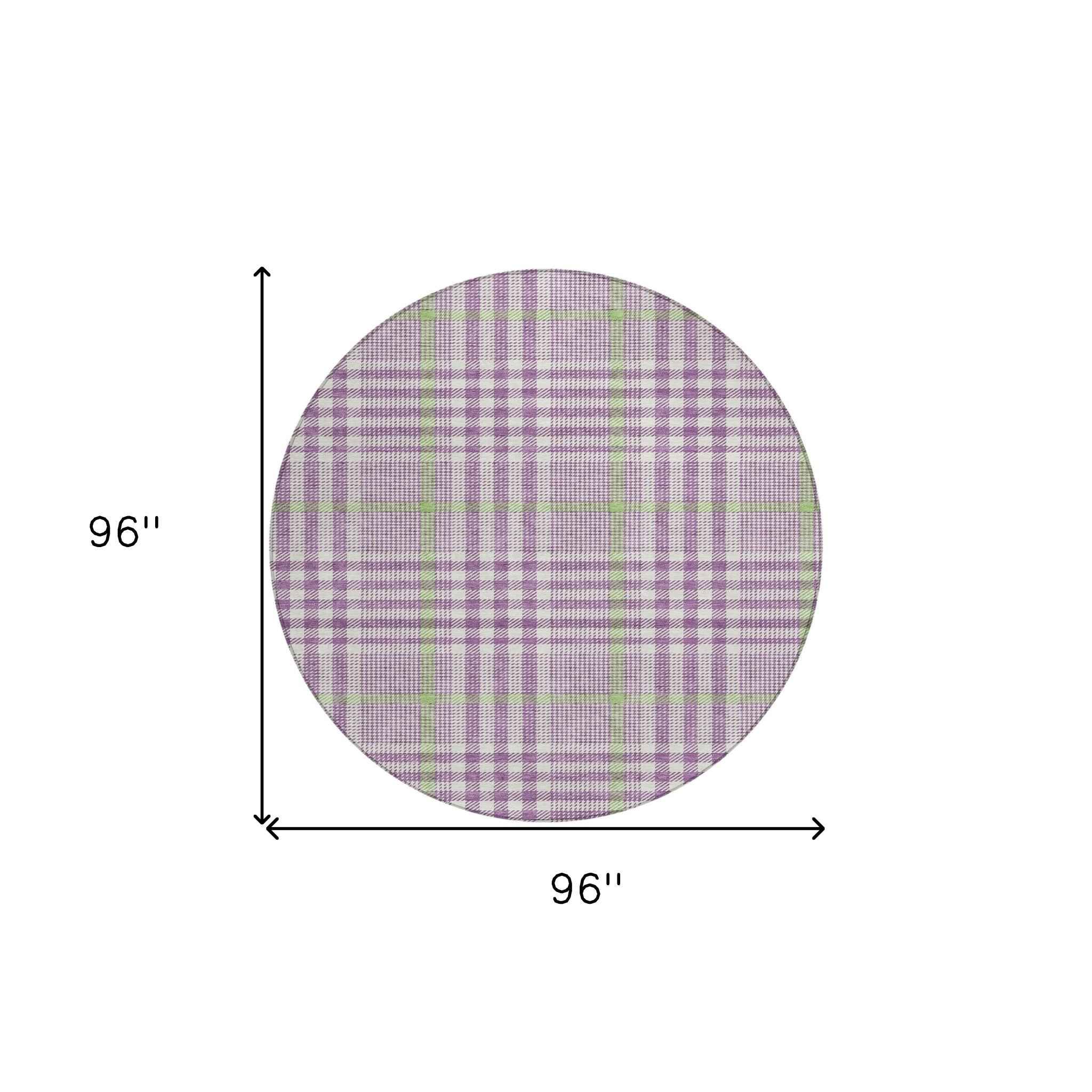 8' Purple Green And Ivory Round Plaid Washable Indoor Outdoor Area Rug
